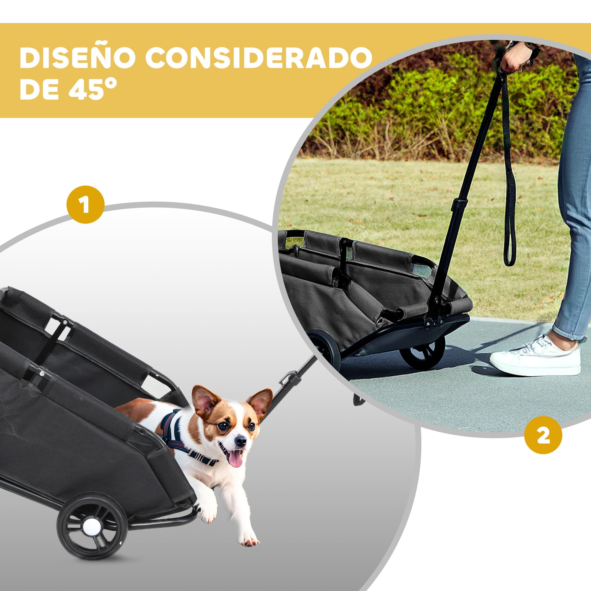 PawHut Carrito para Perros Plegable Cochecito para Mascotas Carrito para Perros Miniatura con Barra de Empuje Ajustable Diseño Abierto Cojín Bolsa de Almacenamiento y Ruedas 53x45x28 cm Negro
