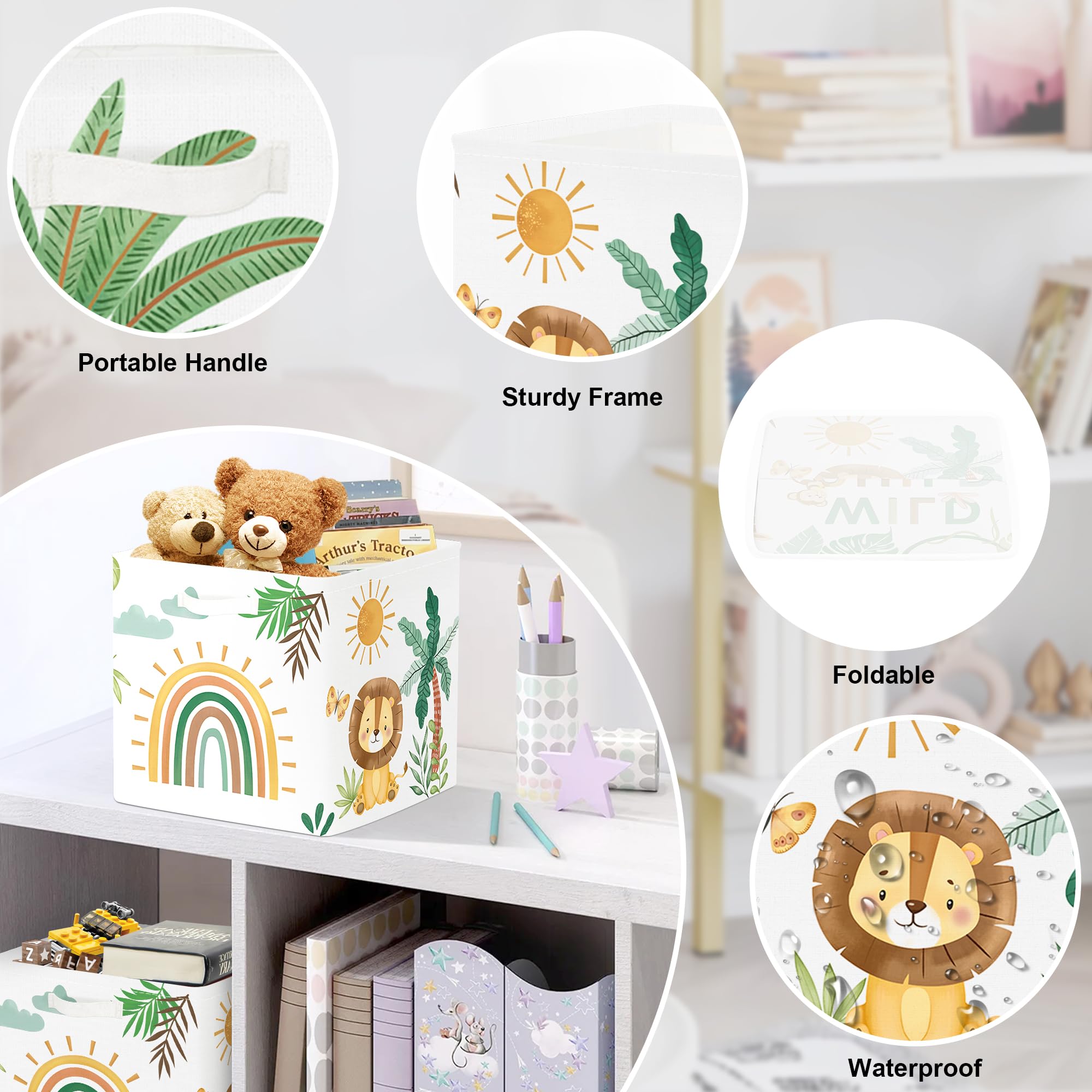 30cm Aufbewahrungsbox 3 Stück Boho Tier Giraffe Löwen Aufbewahrungskorb Kinder Falt Tropische Blätter Palmen mit Griffen Aufbewahrungswürfel Organizer für Spielzeug Bücher Kleidung