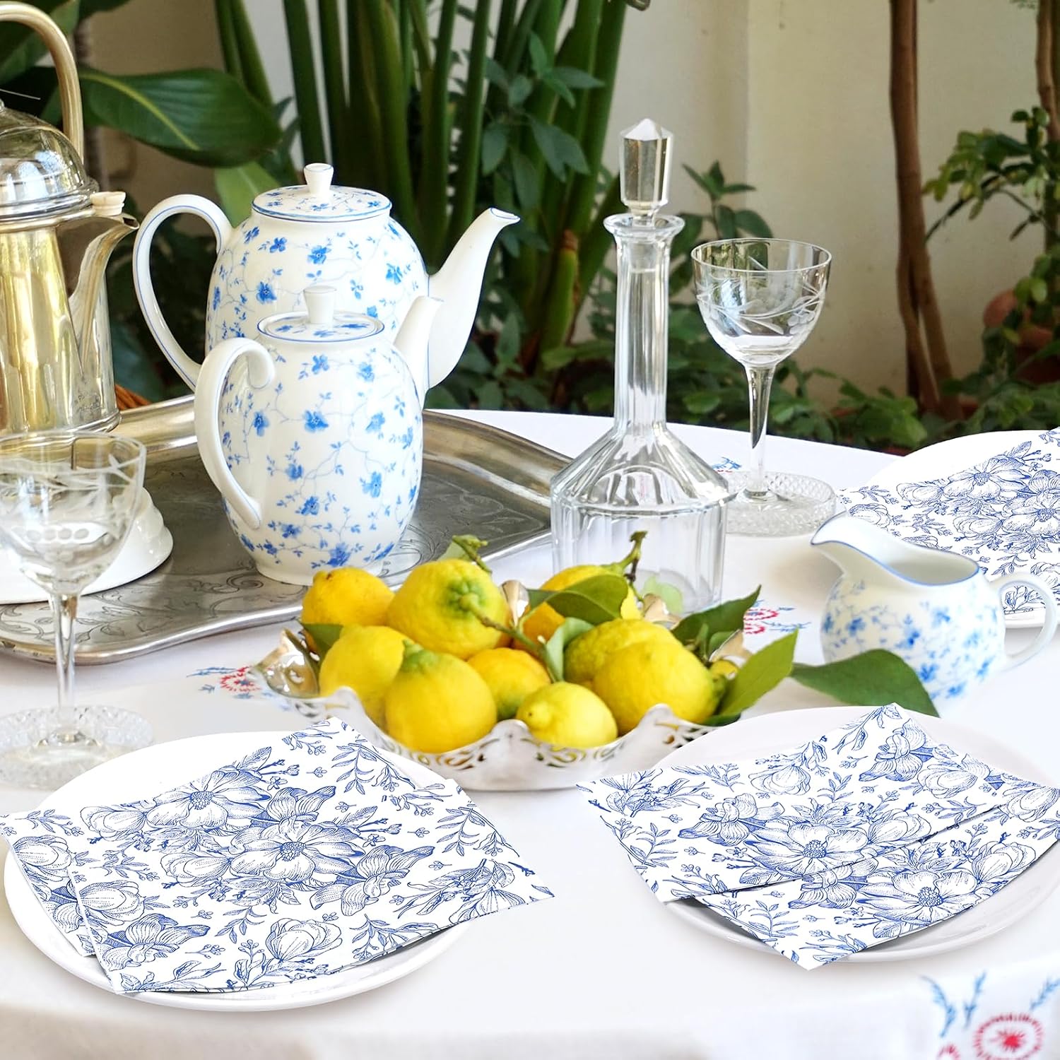 100 Pcs Blue Floral Napkins Disposable Blue Flower Napkin Table Decor image 5