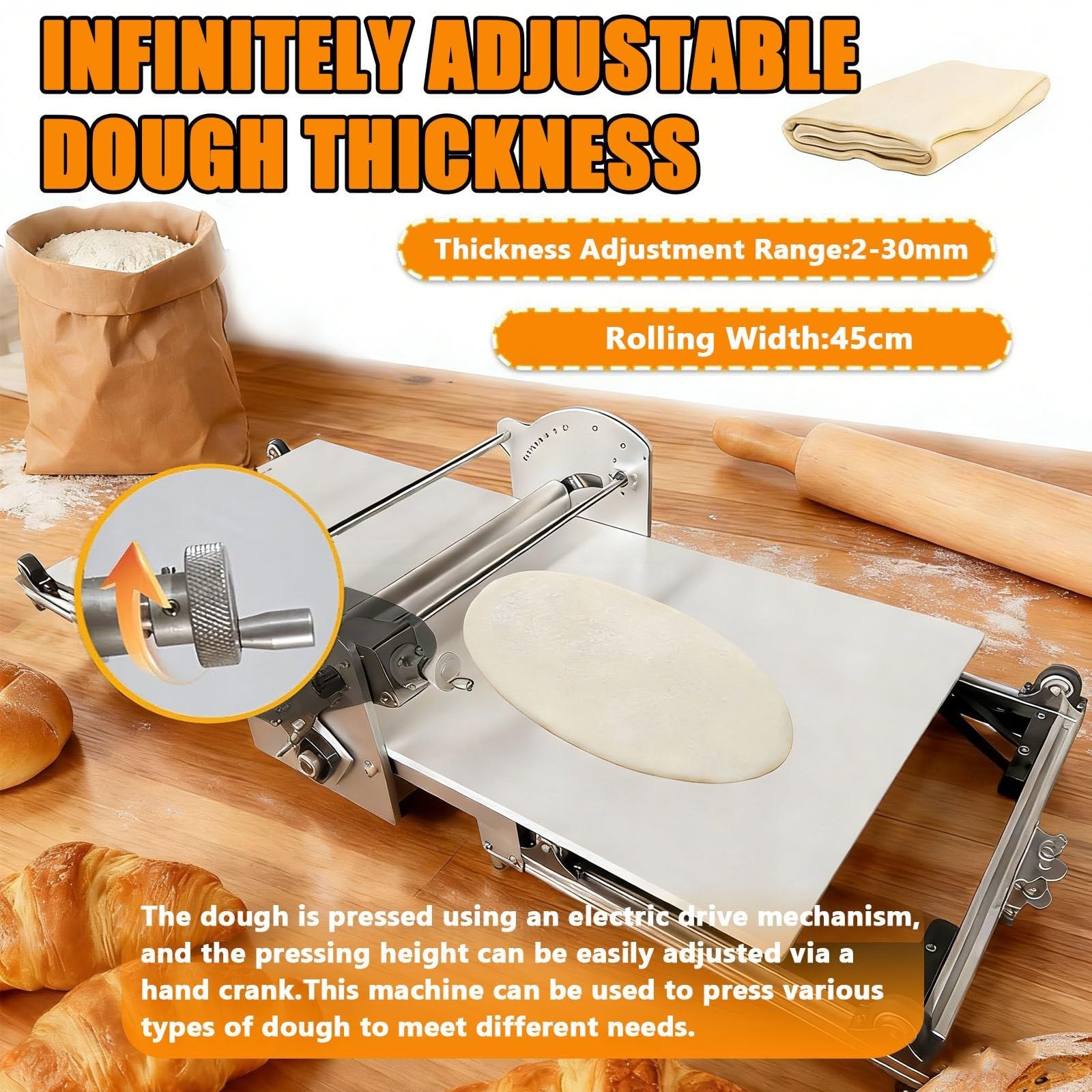 Macchina Pasta Fresca Elettrica – Sfogliatrice Multifunzione con Spessori 2–30 mm, Antiaderente PP, Base Acciaio, per Croissant, Pizza, Lasagne e Pasta all’Uovo