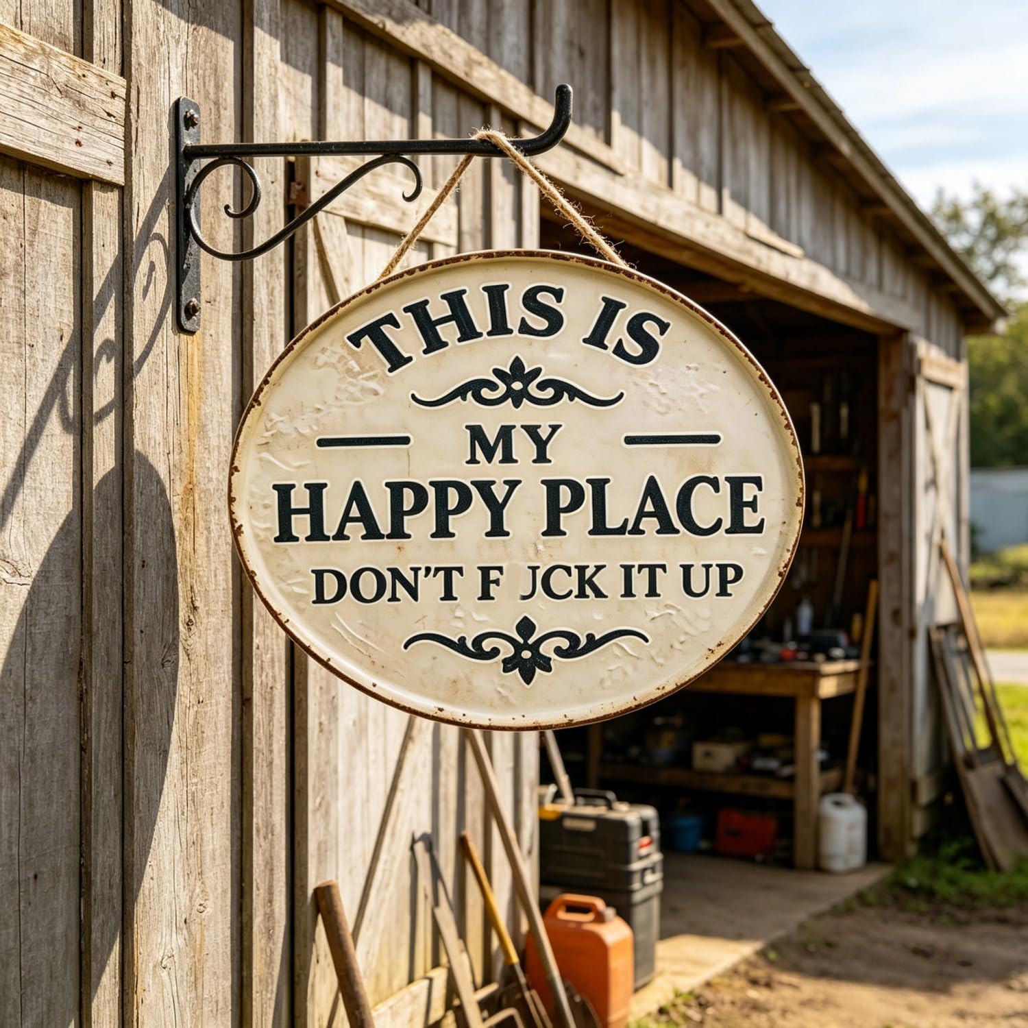 This is My Happy Place Sign,“This is My Happy Place Don’t FXXK It Up” Round Garden Wall Decor,Funny Garden Metal Sign,Outdoor Terrace Hanging Sign,for Front Door (Large(16 inch)) — view 7