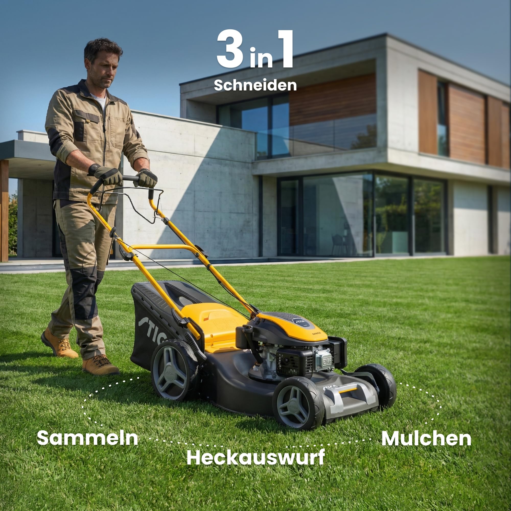 STIGA Combi 53 S Benzin-Rasenmäher, selbstfahrend, 51 cm Stahlmähwerk, 166 CCM Motor, 60 L Grasfangkorb, 3-in-1 Mähsystem, verstellbare Griffe, Yellow (gelb)