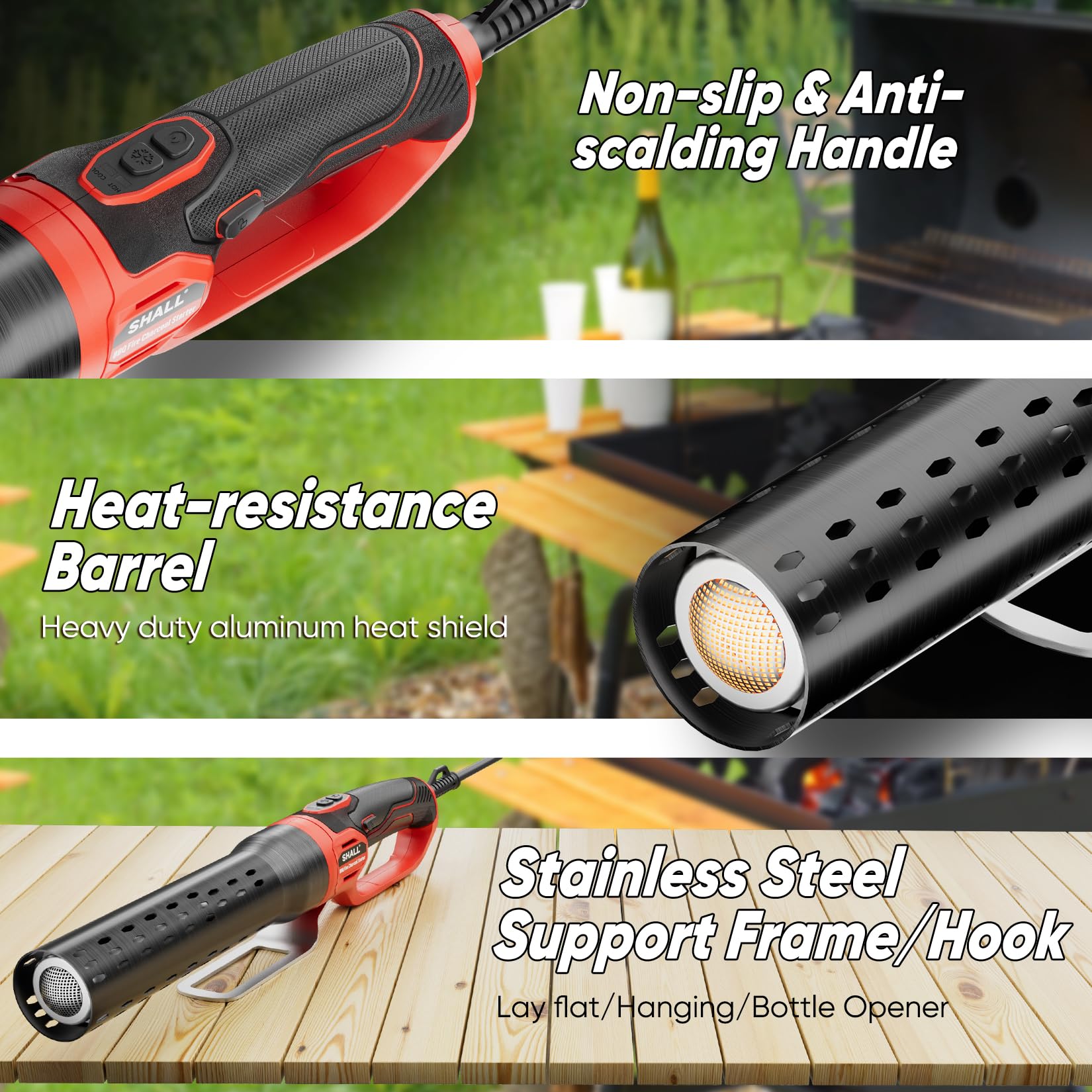 Shall Allume-Charbon électrique 2000 W, Pistolet à air Chaud, 60 s, Monte jusqu'à 1 100 ℉, chauffé sans Produits Chimiques, pour Fumeurs de Barbecue, Allume-Grils, foyers à Bois et foyers