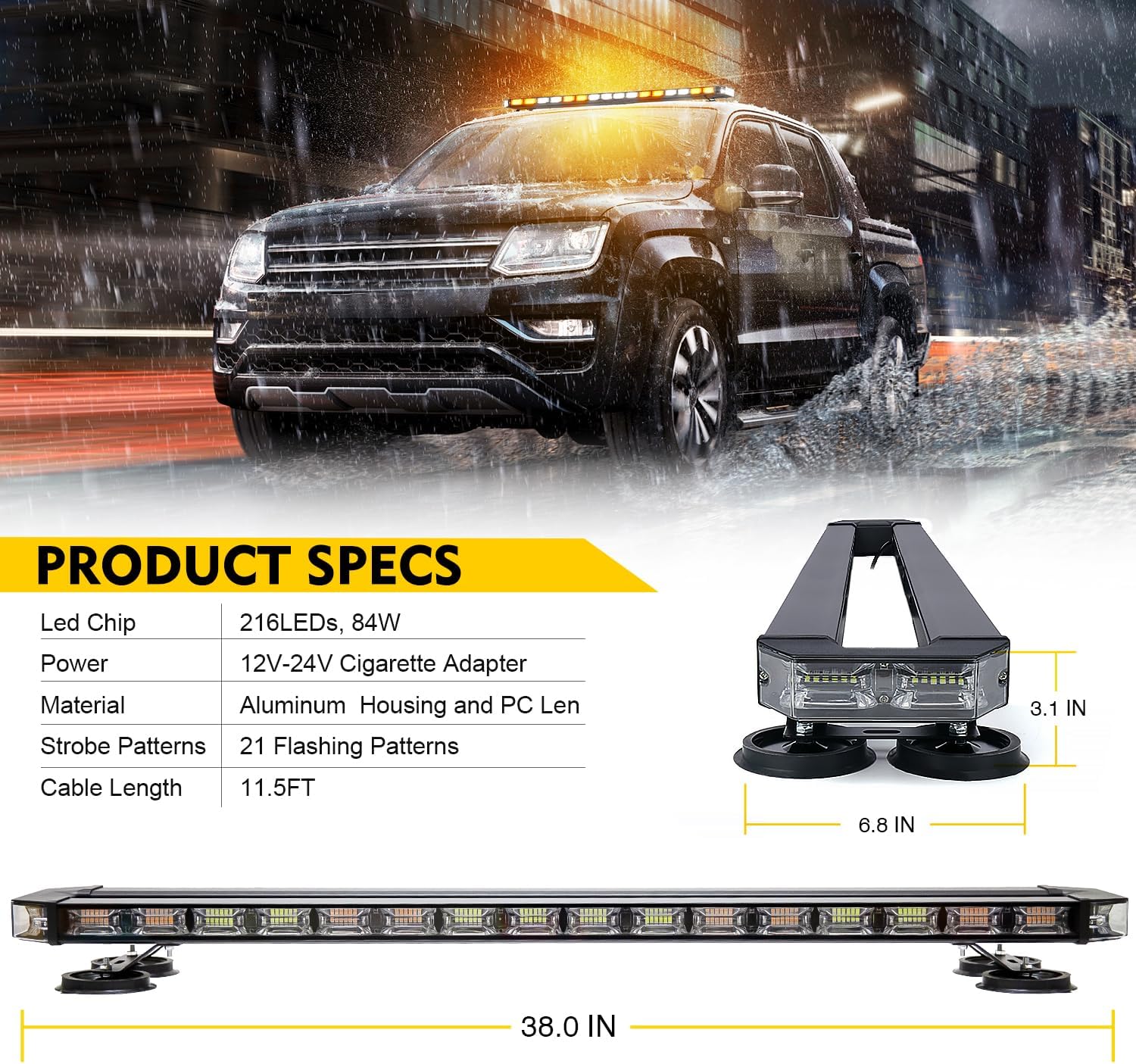 LUMENIX 38 Inch Rooftop Strobe Emergency Lights Bar Magnetic Mount Warning Flashing LED Traffic Lightbar w/Alley& Take Down Light, for Construction Vehicles Work Tow Trucks Snow Plows - White Amber