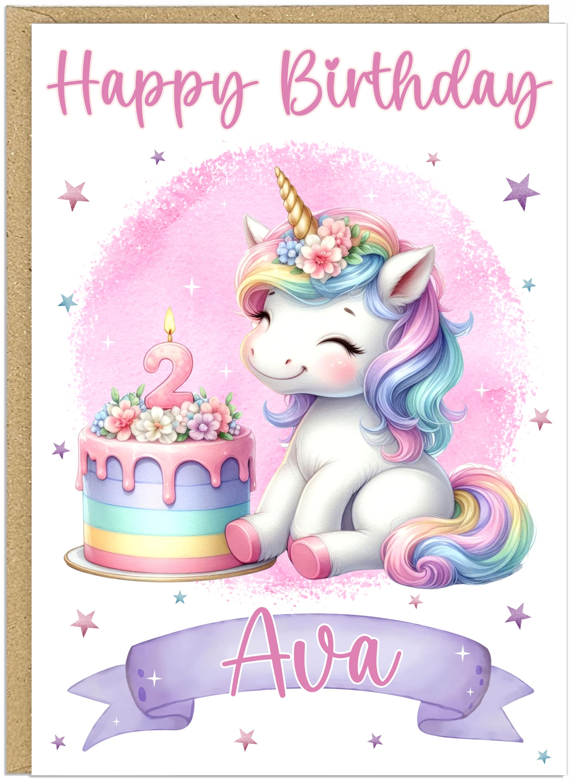 Personalised Cute A5 Unicorn Happy Birthday Cards for Little Girls - Custom Own Name & Age 1-12 Years Designs - Cute Girly Greeting Cards For Her (Age 2)