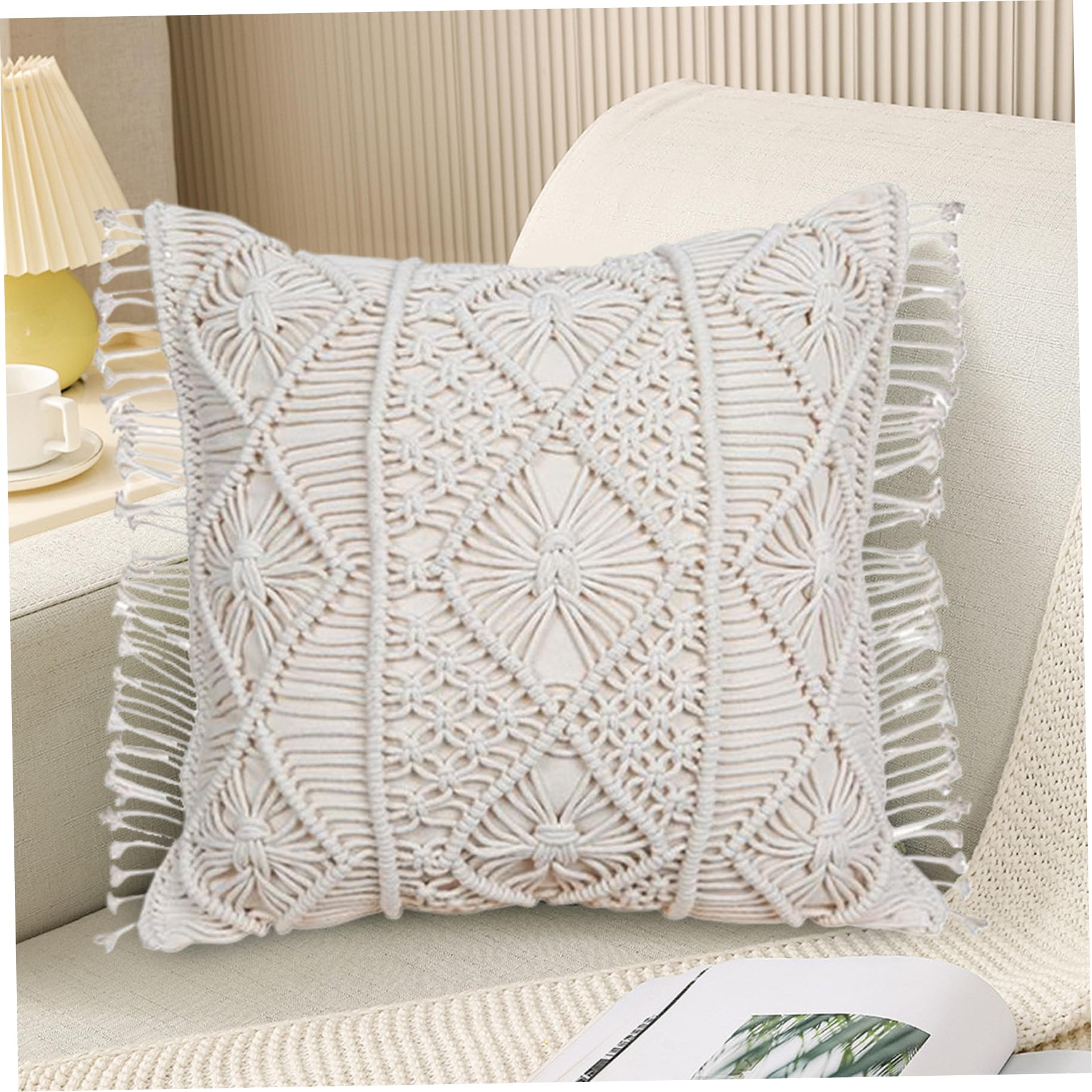 Federe per cuscini Boho con frange in cotone, 2 federe morbide per cuscini quadrati per divano per l'arredamento del soggiorno/18x18 pollici