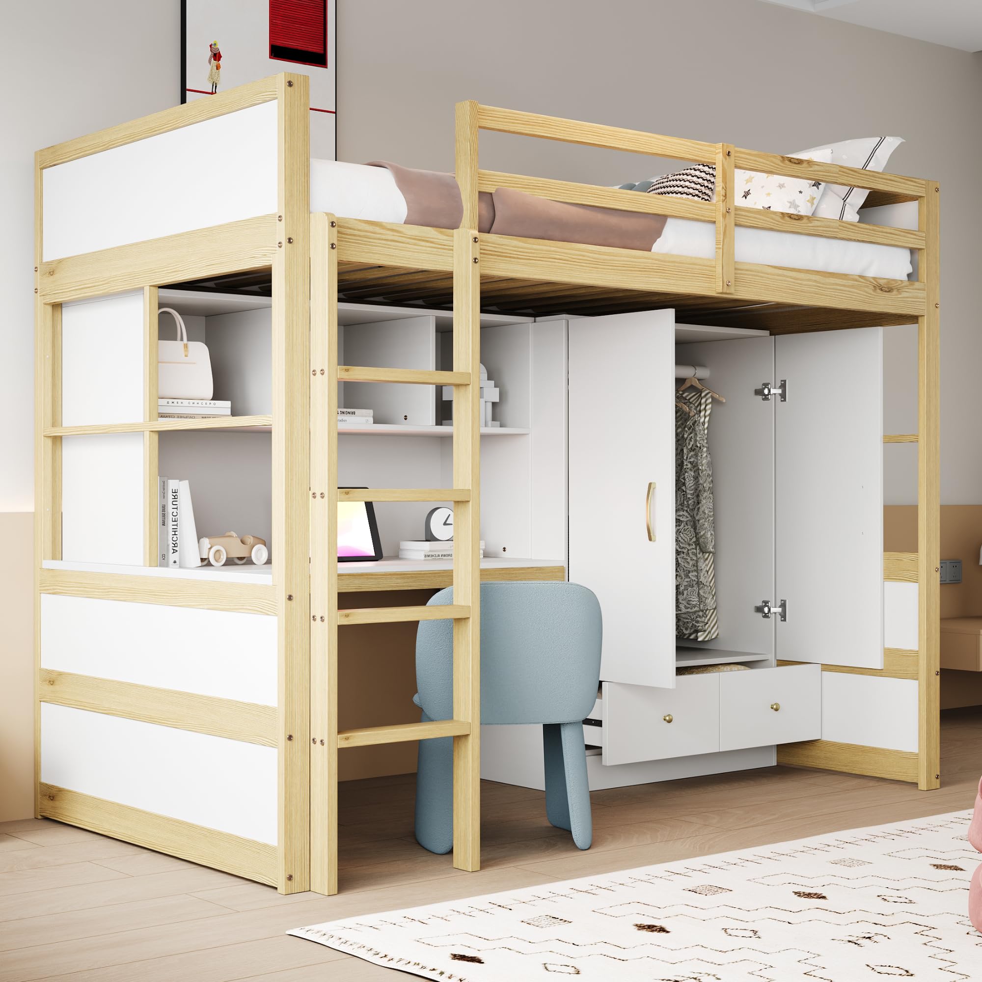 Letto a soppalco 90 x 200 cm – Con scaletta, scrivania con vani contenitore, armadio e cassetti – Letto per bambini/Letto per ragazzi/Letto singolo (I)