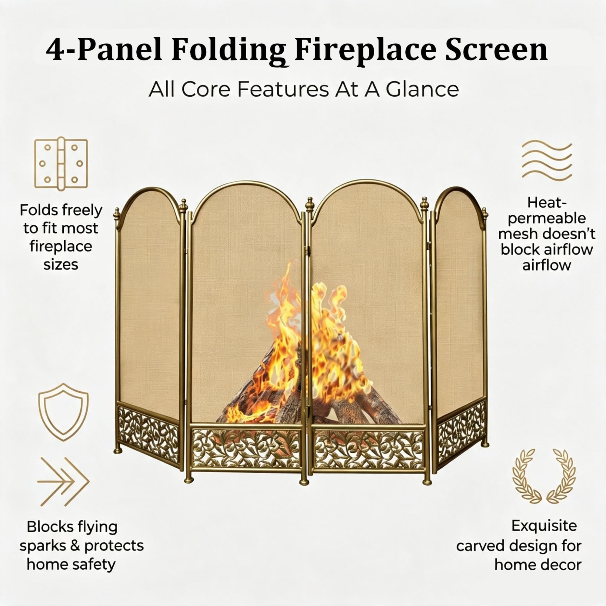 Parascintille per Camino 4 Pannelli, Robusto Parafuoco Autoportante | Protezione in Ferro Battuto, Rete Curva Antiscintille, Barriera Decorativa per Camino(Gold)