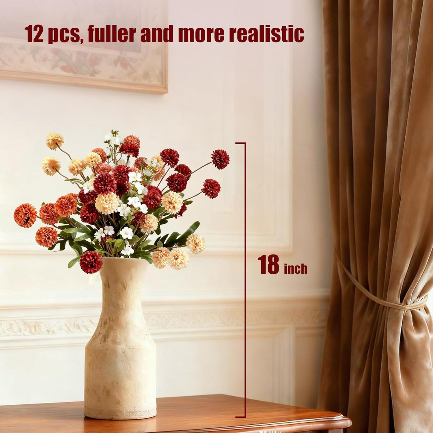 12pcs Fall Flowers, Burnt Orange Artificial Flowers Kiku 10 Stems with 2 Wax Flowers, Fake Silk Mums for Vase, Autumn Floral Centerpiece Decor - Image 2