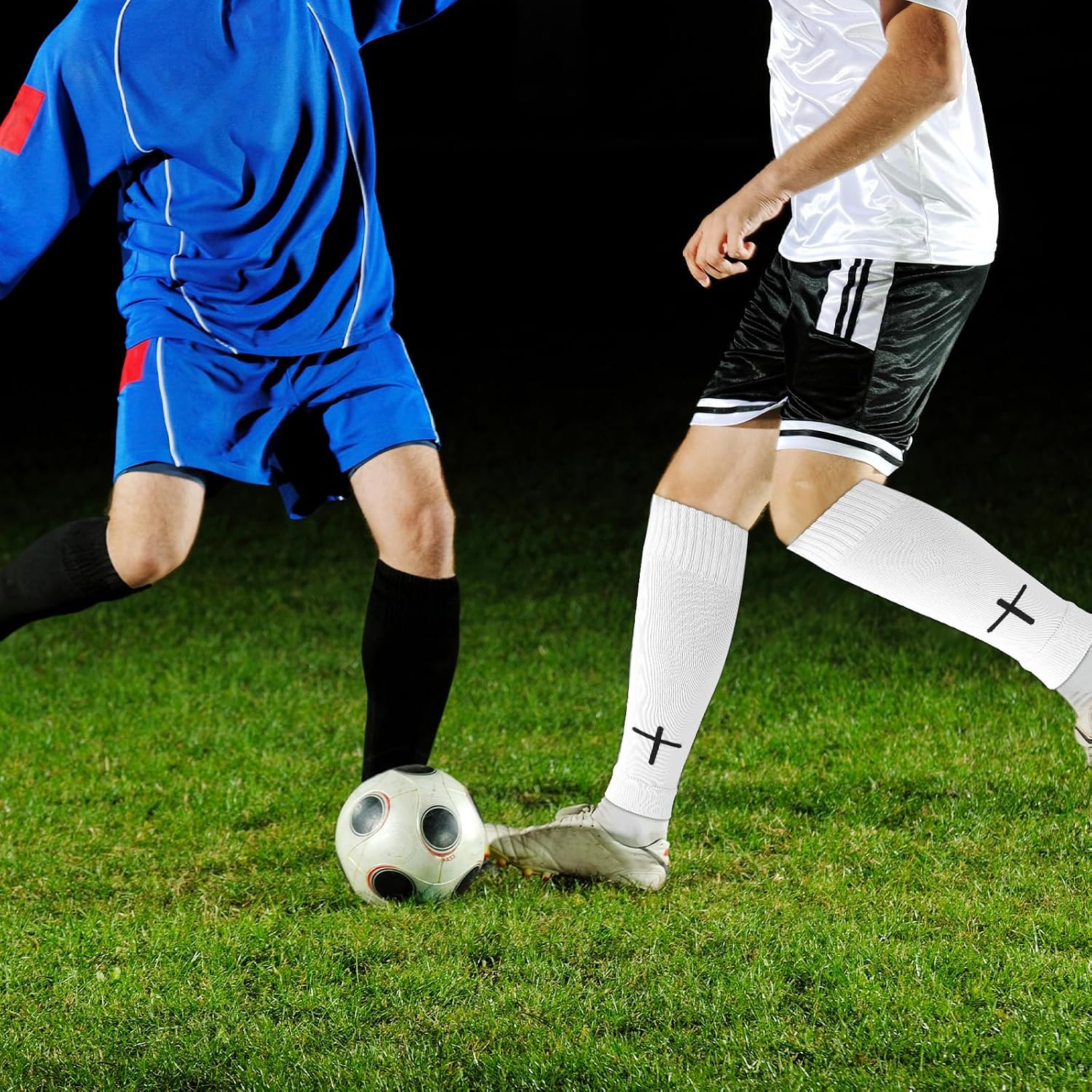 2 Pairs Pre Cut Soccer Socks, Polyester Shin Guard Sleeves White Black Cross Leg Sleeves Pre Cut Socks for Football Basketball Running