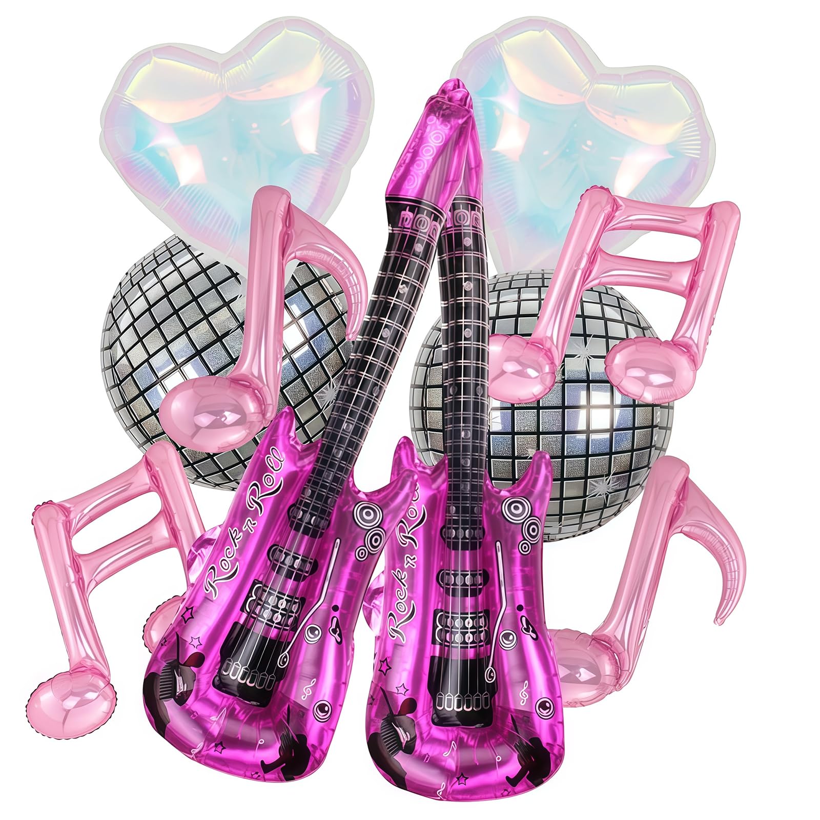 Music Party Balloons Set, 10Pcs Music Theme Foil Balloons with Inflatable Guitar and Disco Ball, Disco Party Decorations for K Pop Birthday Concert and Neon Rock Pop, Inflatable Party Props