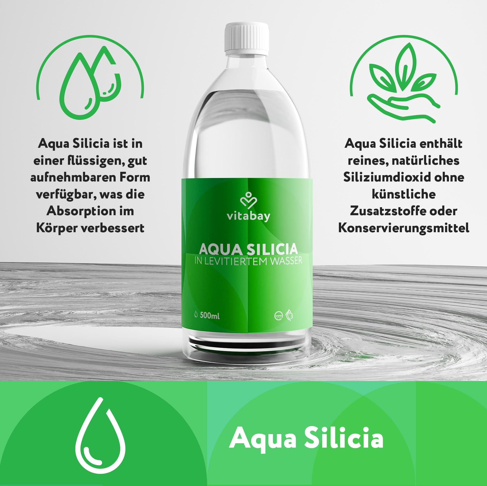 Vitabay Aqua Silica 500 ml • Organisch kolloidales Silizium in levitiertem Wasser • Wichtiges Element für Haut, Haare und Nägel • Vegan • Made in Germany