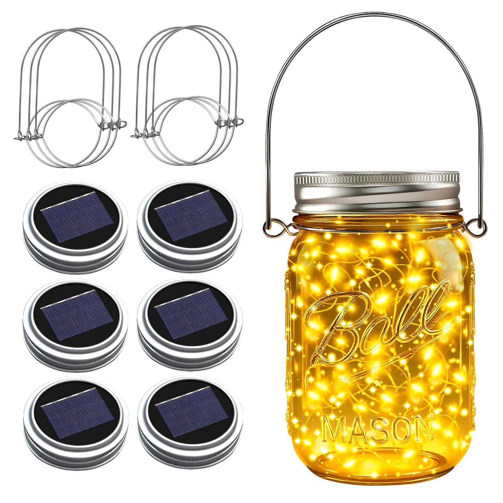 ZNYCYE Solar Mason Jar Lights, 6 Pack 30 Led String Fairy Star Firefly Jar Lids Lights, Jars Not Included, Best for Mason Jar Decor,Great Outdoor Lawn Decor for Patio Garden, Yard (Warm White)