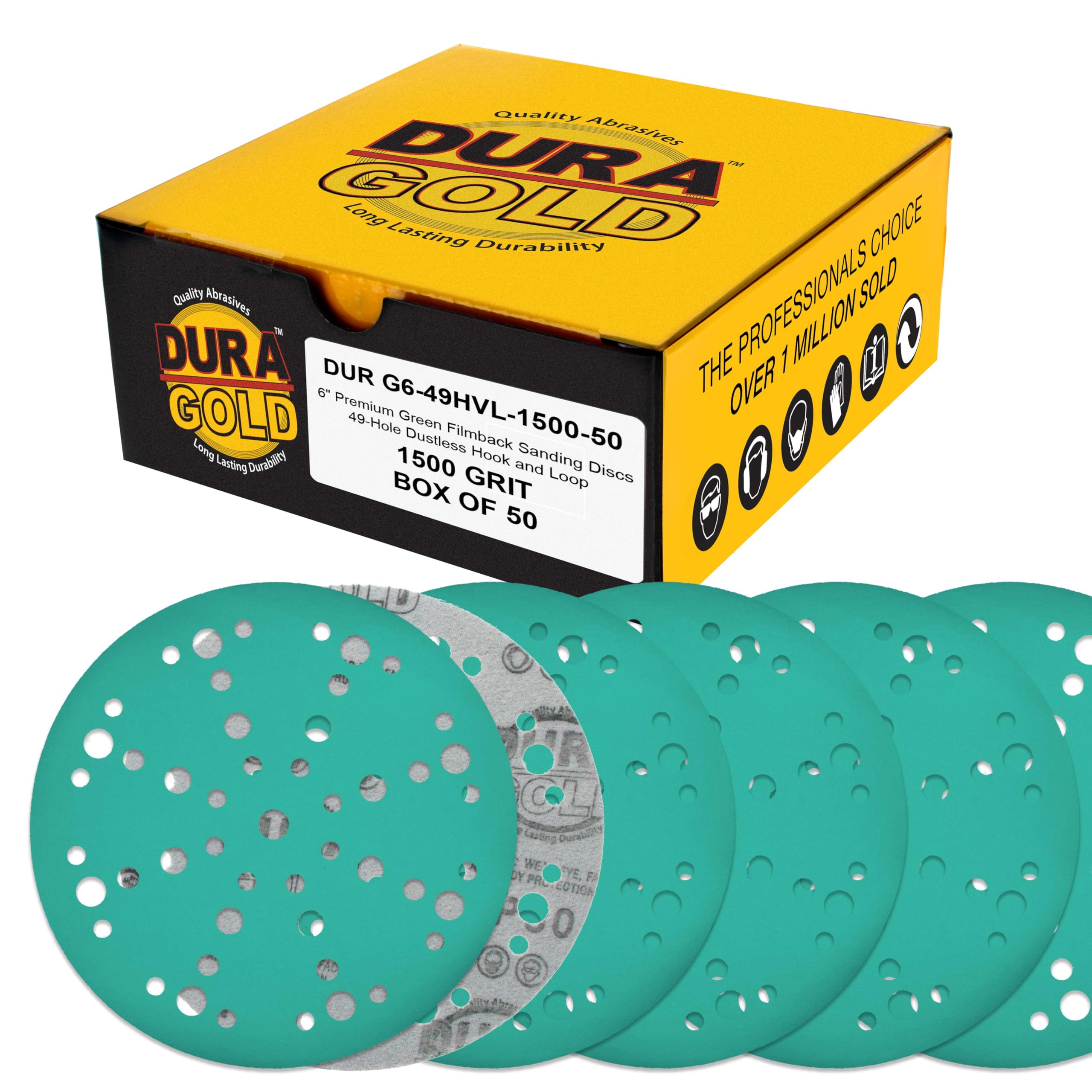 Dura-Gold Discos de lijado de película verde de grano 1500 de 6 pulgadas, patrón de 49 agujeros, caja de 50 – Papel de lija resistente sin polvo para DA, lijadora orbital aleatoria, color detallado,