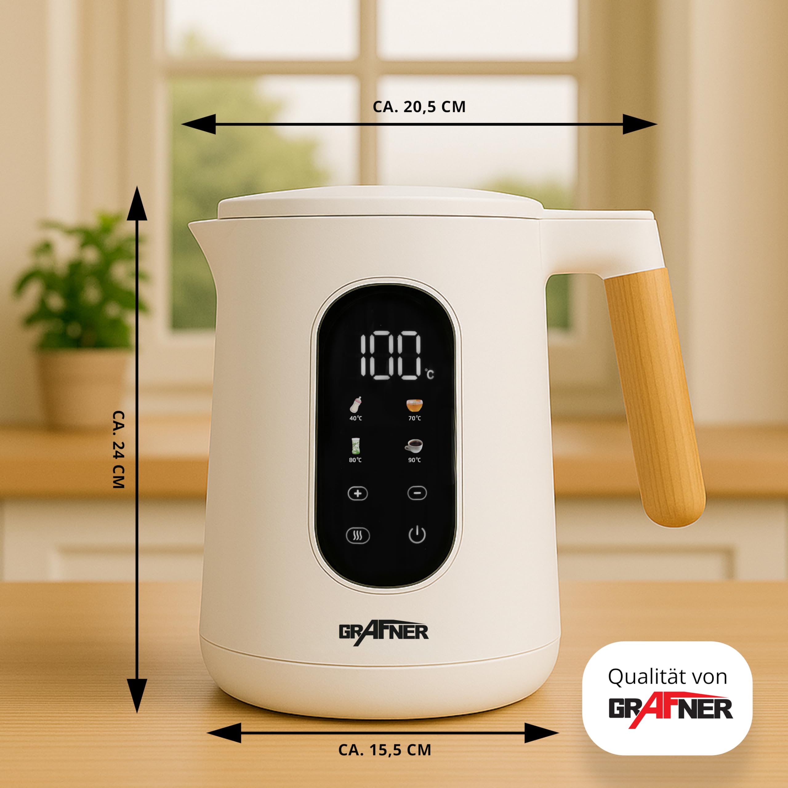 Grafner Hervidor de agua de acero inoxidable con ajuste de temperatura, 40 °C a 100 °C, pantalla grande, función de mantenimiento del calor y función de memoria, 4 programas, doble pared, 1,7 litros