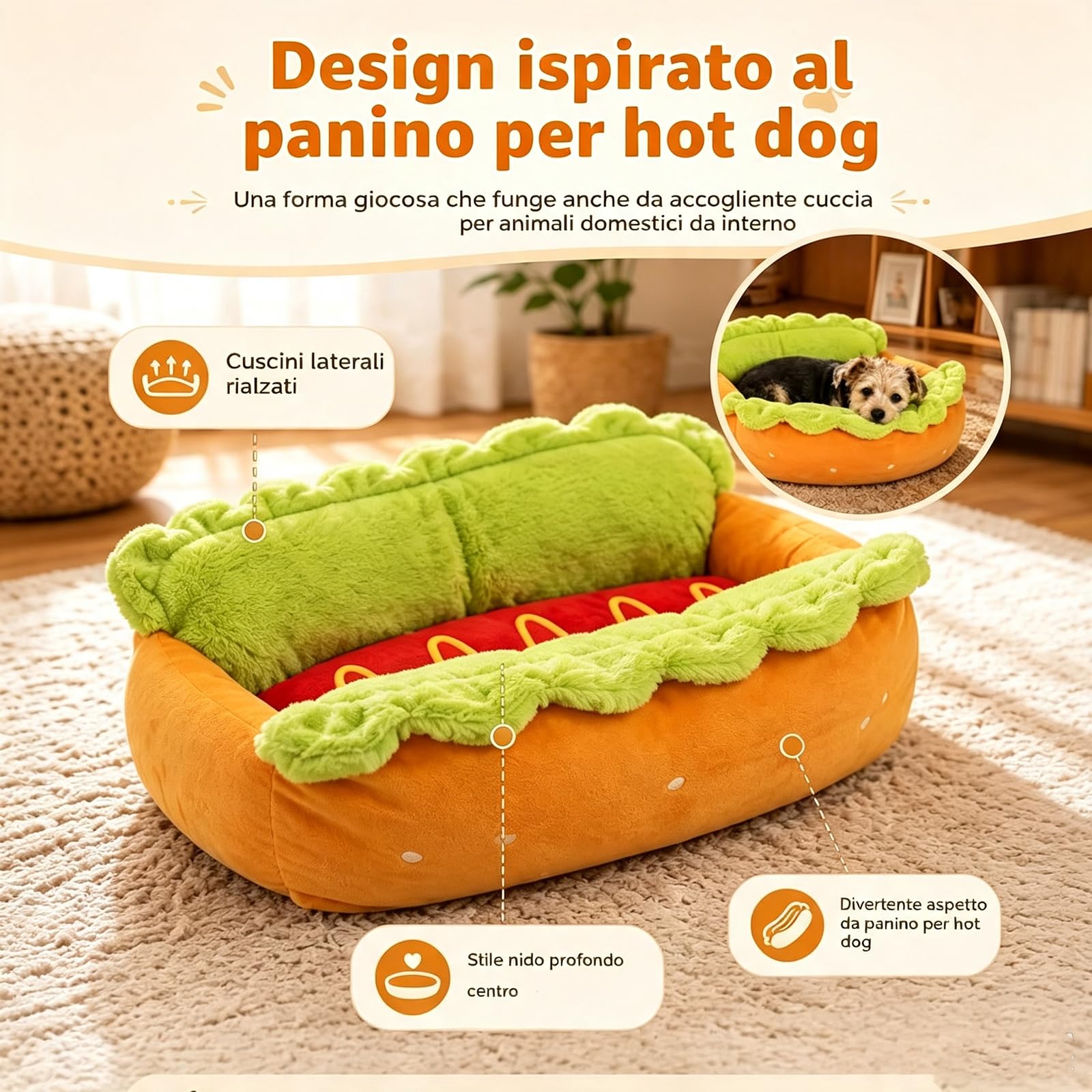 ZVD Cuccia per Cani e Gatti Forma Hot Dog, Lavabile Tappetino Rimovibile | Imbottitura Morbida Antistress, Design Originale Decorativo, Facile Da Riporre, Garantisce Sonno Tranquillo