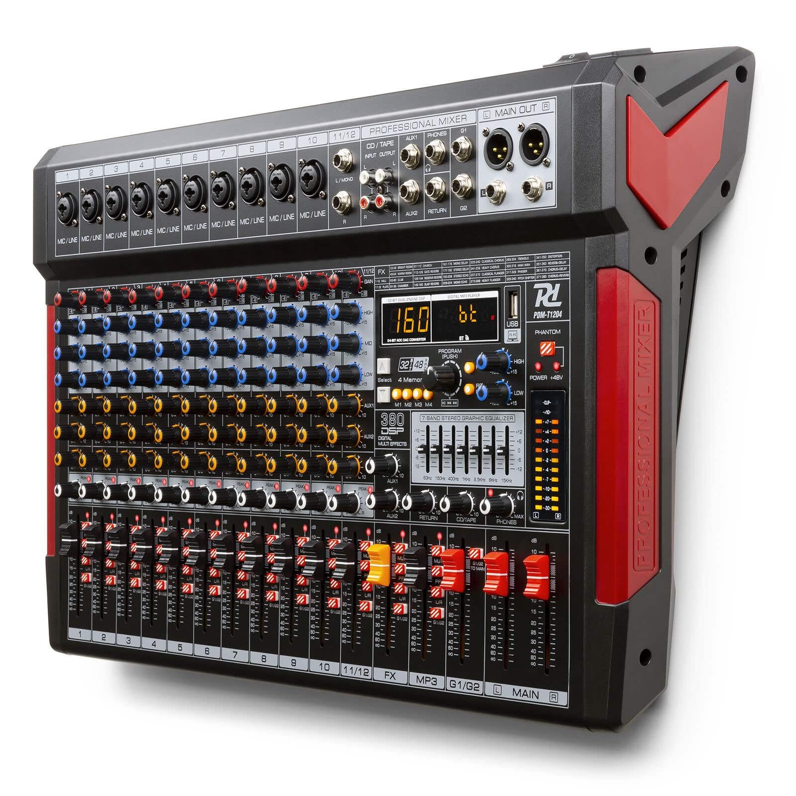 Power Dynamics PDM-T1204 Mezclador de audio de 12 canales con Bluetooth, ecualizador gráfico de 7 bandas, MP3, salida USB, salida de auriculares de 6,35 mm, ideal para estudio de grabación
