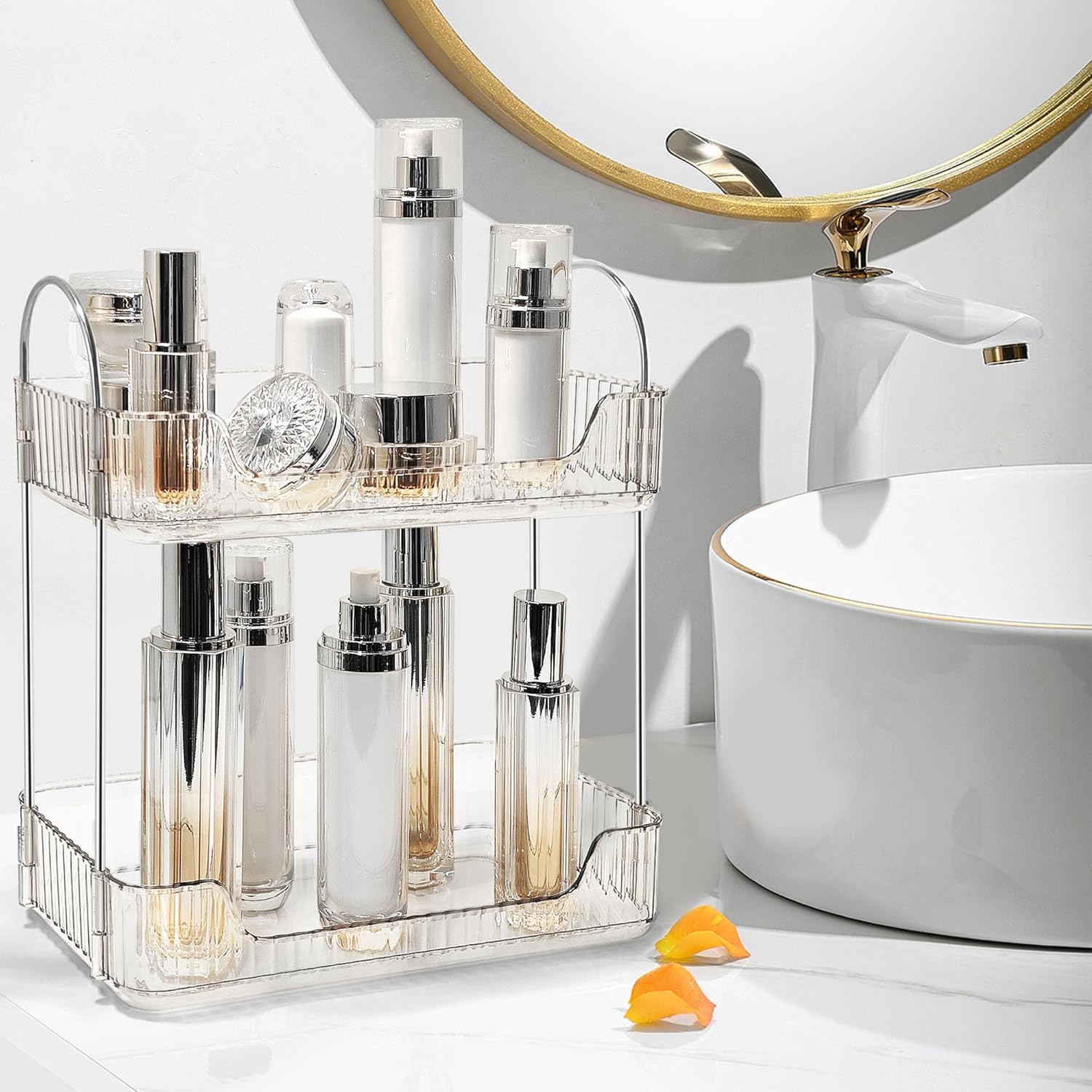 Bathroom Counter Organizer Countertop Storage Skincare Countertop Makeup Organizer Cosmetics Skincare Organizers Holder for Perfume-Clear white-silver pole - Image 6