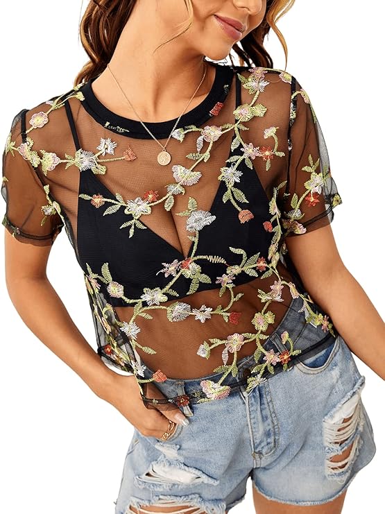 トップス Sheer Embroidery Blouse Women Lace Embroidered Mesh Tops Floral Short Sleeve See