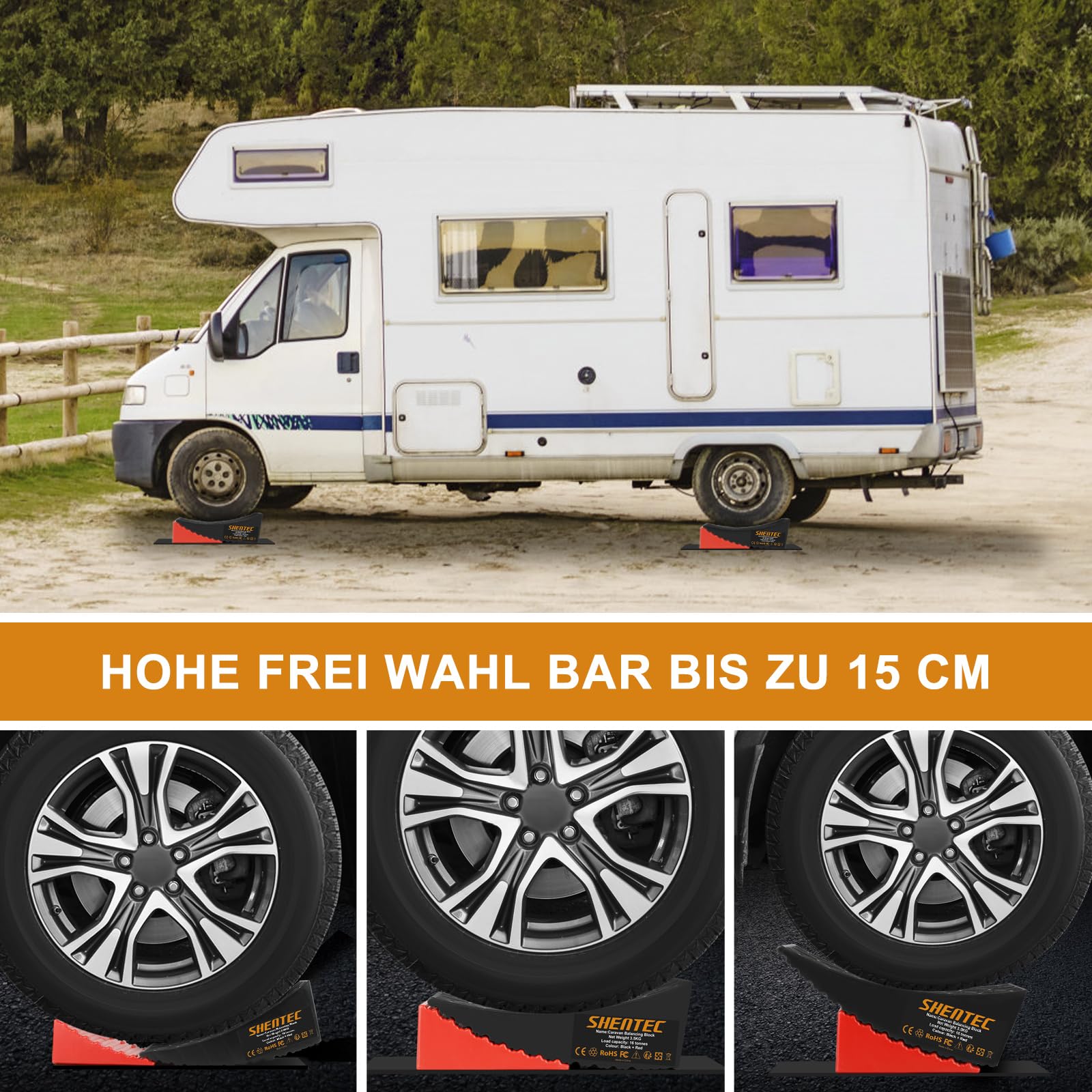 Shentec Set di 2 Cunei di bilanciamento per Camper e roulotte, Fino a 16 tonnellate, con 2 Cunei del Freno, Borsa per Il Trasporto, 2 tappetini Antiscivolo, Cunei per gradini in plastica