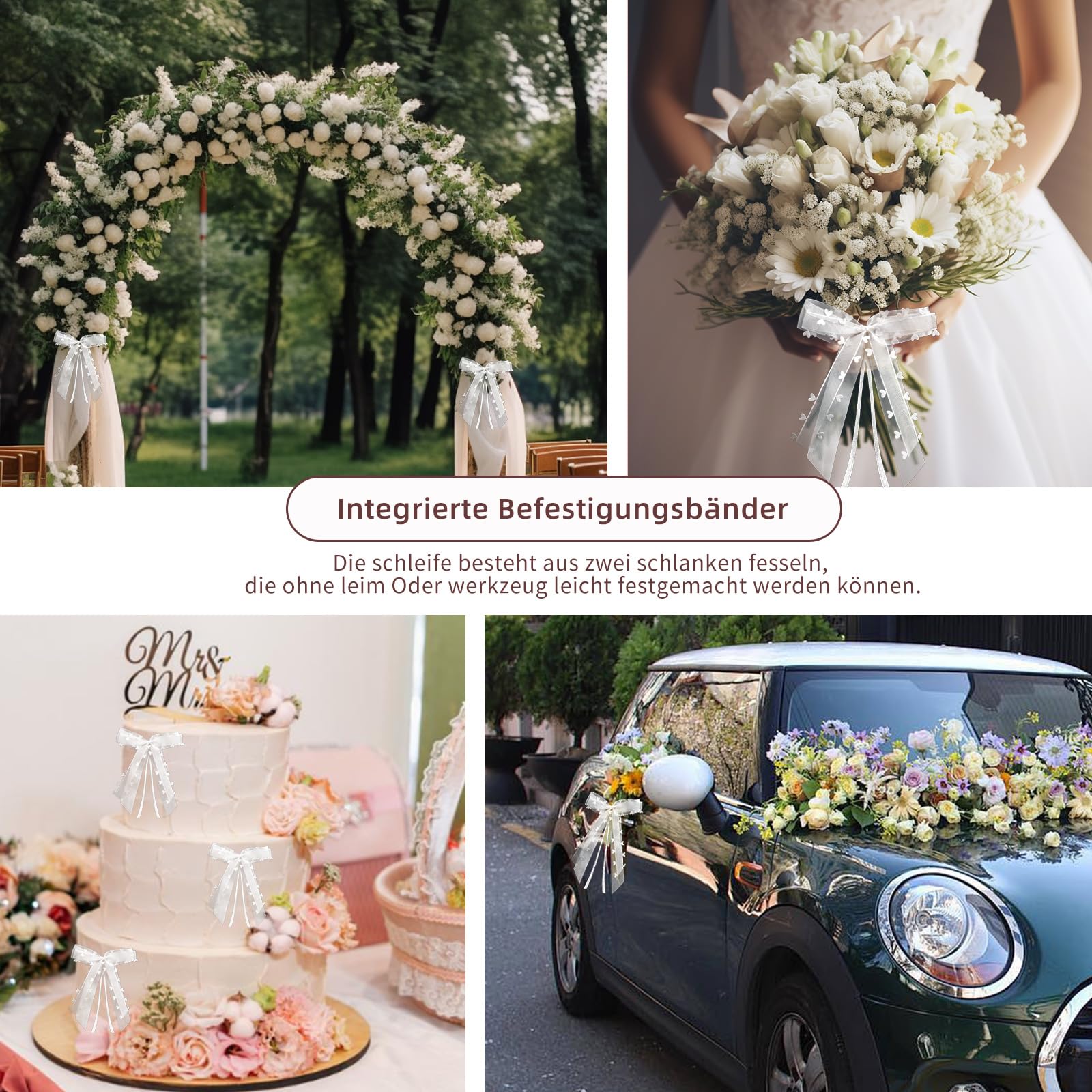 Lazos Blancos para Antena de Boda con Corazones de Organza y Cinta de Satén, Decoración de Coche Hecha a Mano, Elegantes Lazos de Boda Reutilizables