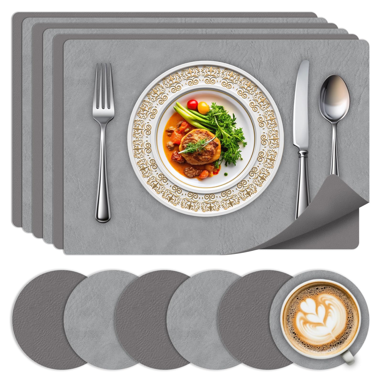 Place Mats for Table 6 Pack by Bleswin - Non-Slip Faux Leather Placemat Set with Coasters, Oil & Heat Resistant for Home/Restaurant-Gray