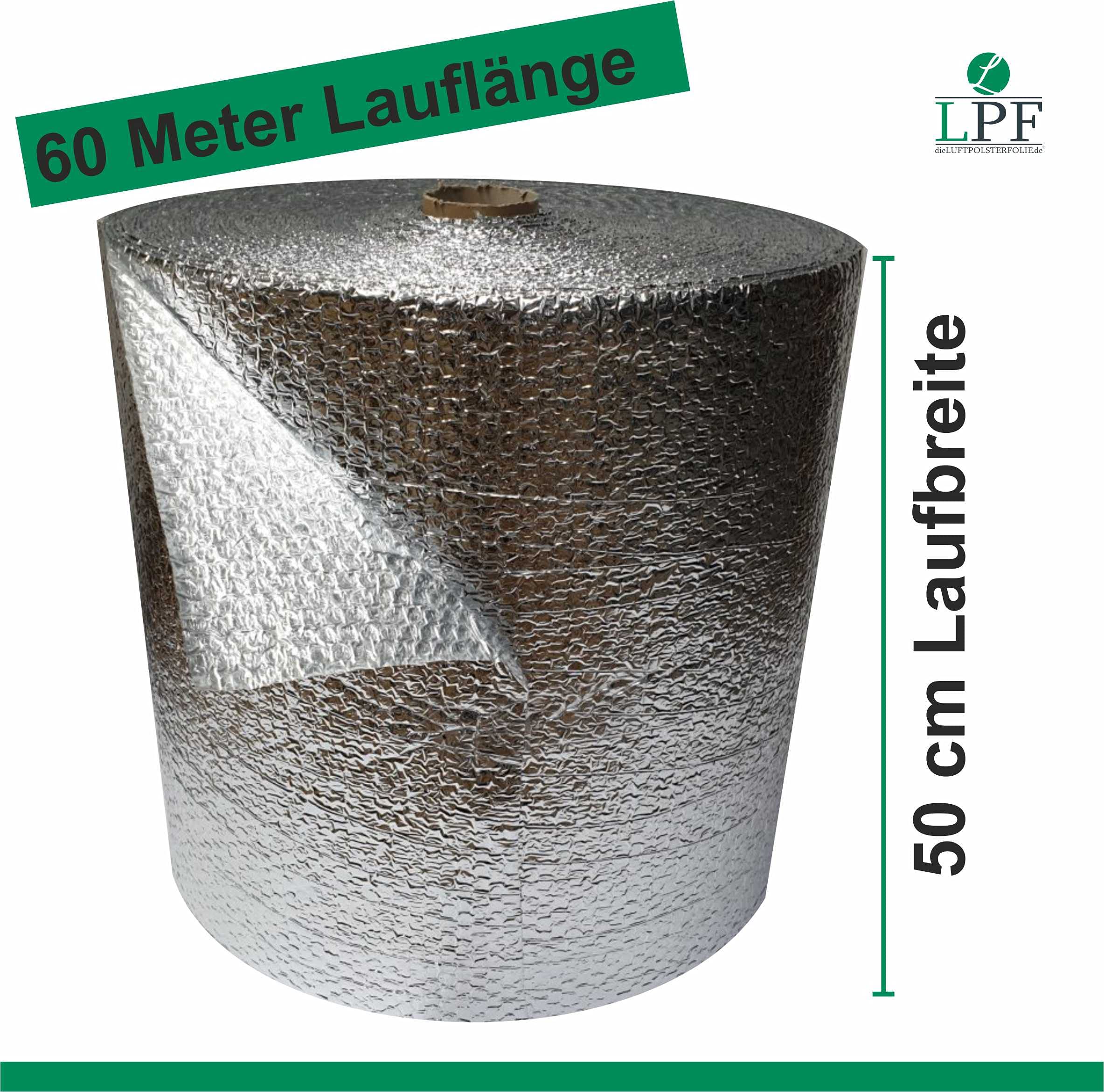 Luftpolsterfolie ALUMINIUM 50 cm x 60 m 250 my ALU Isolierung Noppenfolie Knallfolie Verpackungsfolie Blisterfolie Polsterfolie Isolierband Isolierungsfolie Wärmehaltung Isolierfolie