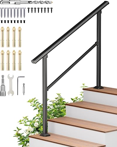 4 Step Handrails for Outdoor Steps, Fit 3 or 4 Steps Deck Railing - Black