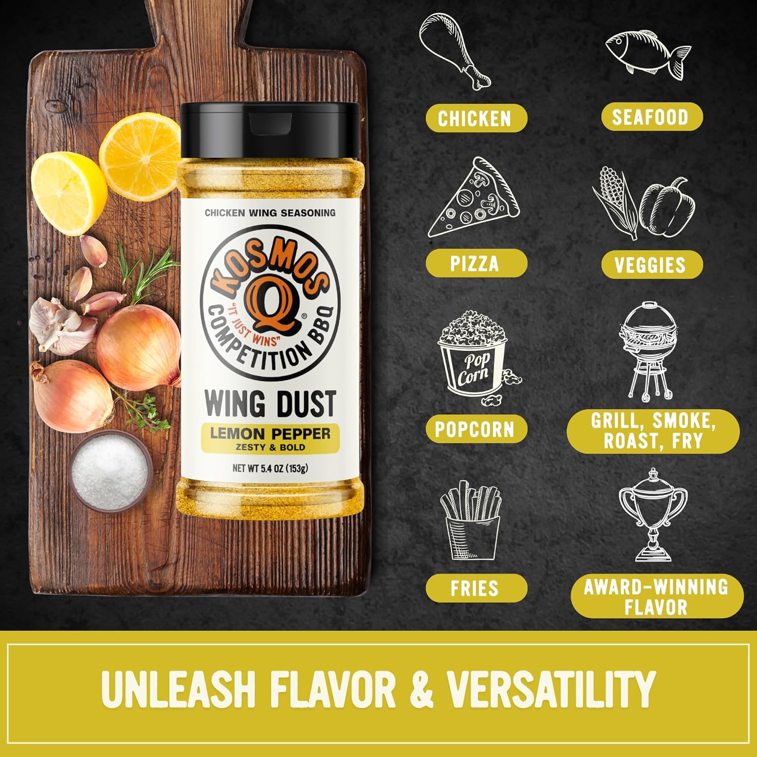 Kosmos Q Lemon Pepper Seasoning Wing Dust, Lemon Pepper Powder Chicken Wing Seasoning For Chicken, Fish, Popcorn & More, Zesty Citrus & Touch of Heat, Dry Rub Dust For Grilling, 5 Oz Shaker Bottle - Image 5