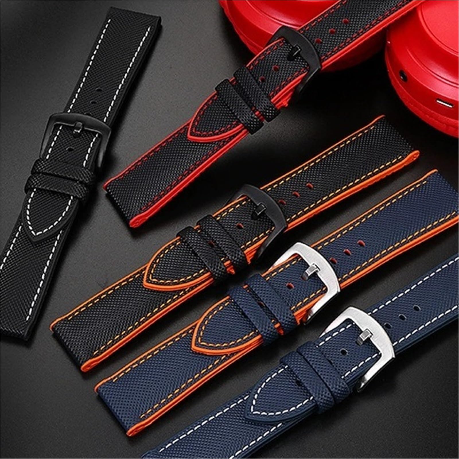 Correa de reloj con parte inferior de goma de nailon, correa de reloj for hombre de 20mm, 22mm, 23 y 24mm con hebilla de acero inoxidable
