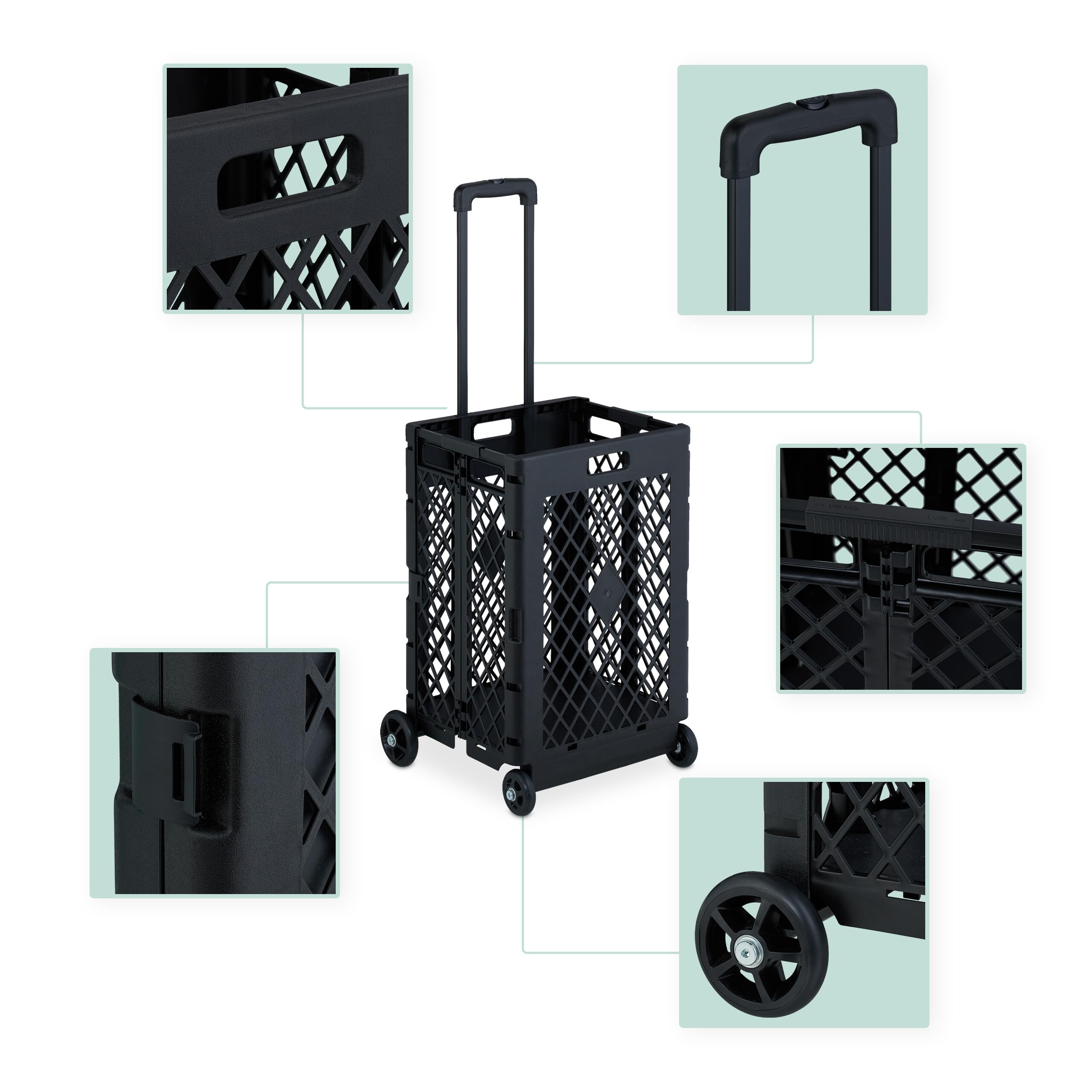 Relaxdays Chariot de Courses Pliable, Caisse sur roulettes, 25 kg, poignée télescopique, grillagé, Noir