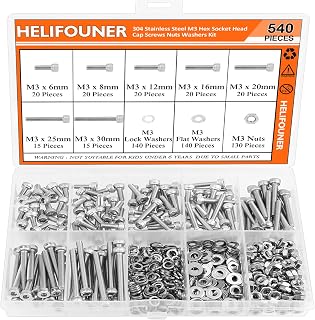HELIFOUNER 540 Pieces M3 x 6mm /8mm /12mm /16mm /20mm /25mm /30mm, Hex Socket Head Cap Screws Bolts Washers Nuts Kit, 304 Stainless Steel