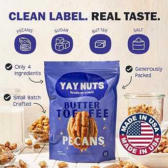 YAY NUTS Butter Toffee Pecans, 12 OZ | All-Natural Sweet & Salty Snack, Crunchy Roasted Pecans Coated in Rich Caramelized Butter Toffee, Made in USA