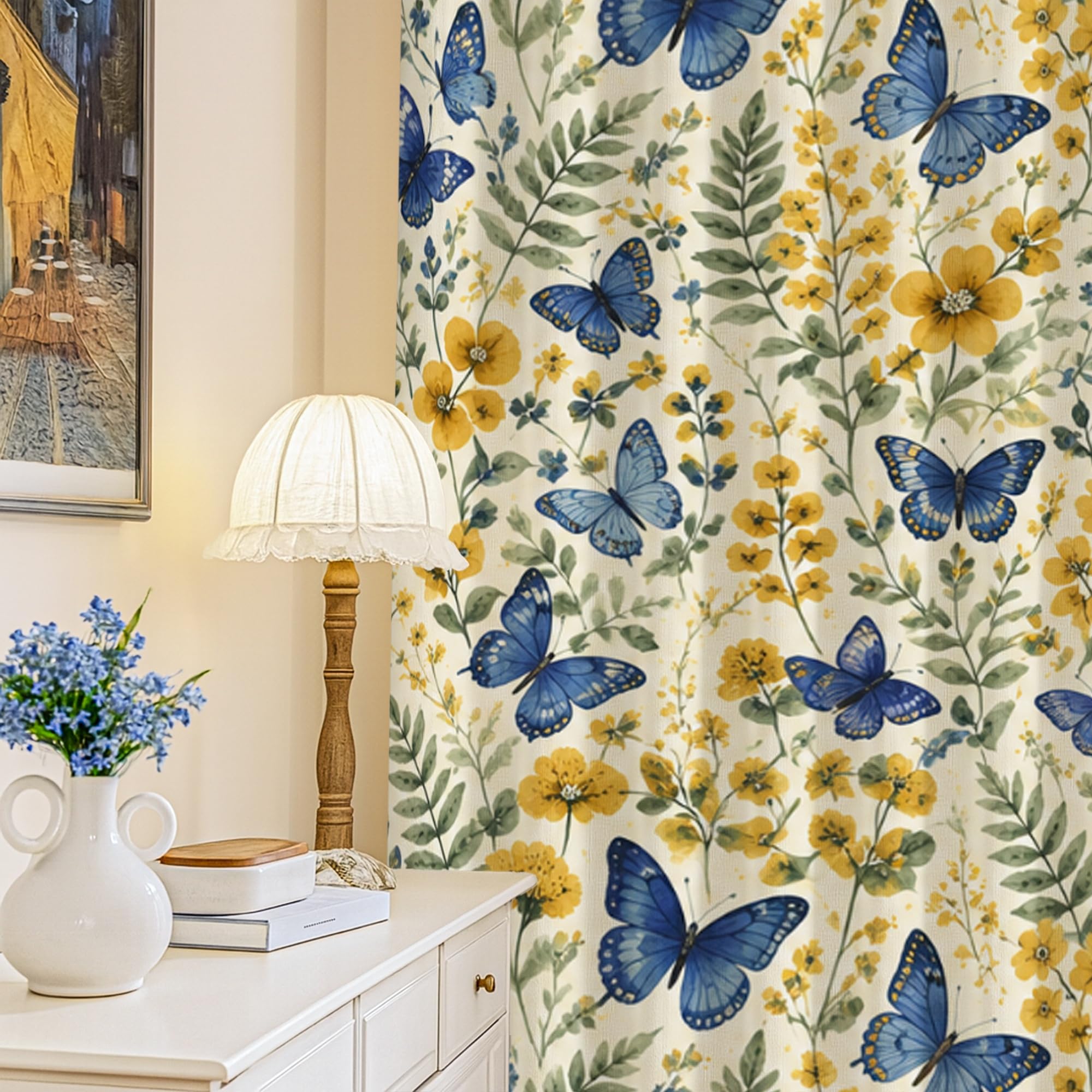 Rideaux occultants chambre fleur naturelle bleu fenêtre 132x213