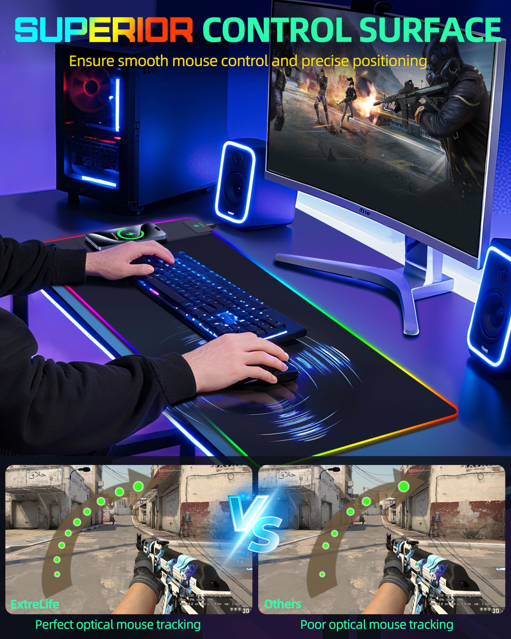 Tappetino per mouse con ricarica wireless, tappetino da scrivania da gioco RGB, 80 x 40 cm, grande, XXL, 15 modalità di illuminazione, superficie ultra liscia, tappetino per mouse antiscivolo