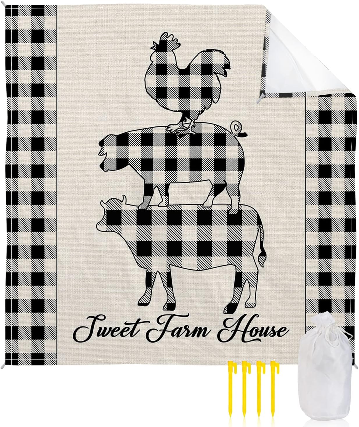 Buffalo Lattice Animals Beach Blanket Waterproof Sandproof Outdoor Picnic Mat 95"x80" Rural Country Chicken Pig and Cow Lightweight Large Beaach Blankets with 4 Stake & 4 Corner Pockets