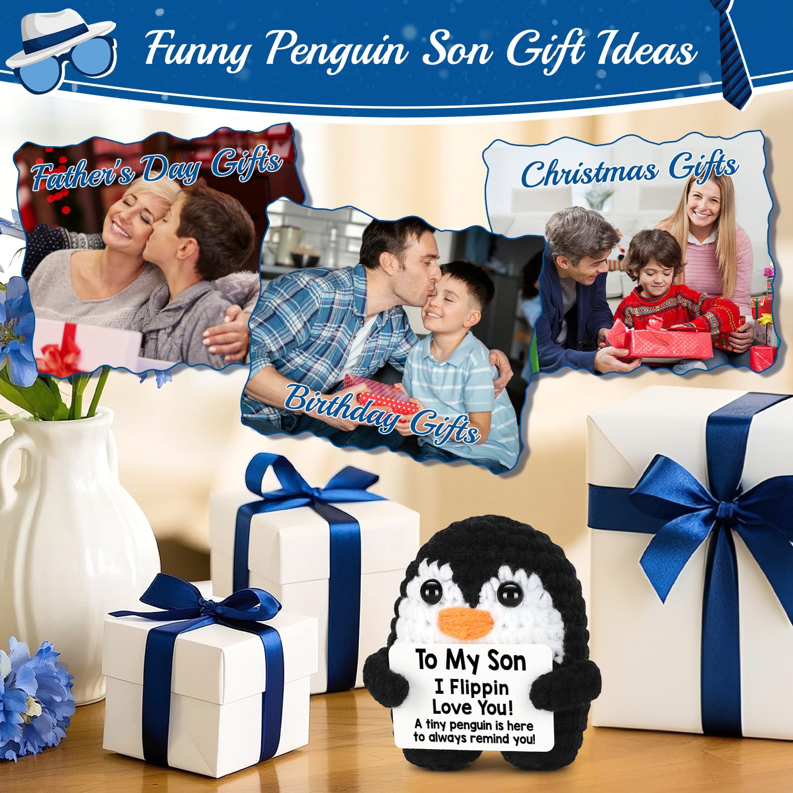 CryCarrot Fathers Day Son Gifts from Mom Dad, Handmade Crochet Mini Penguin Birthday Gift for Son Teen Adult Bonus Step, to My Son Gifts for Birthday, Funny I Love You Son Father's Day Positive Decor