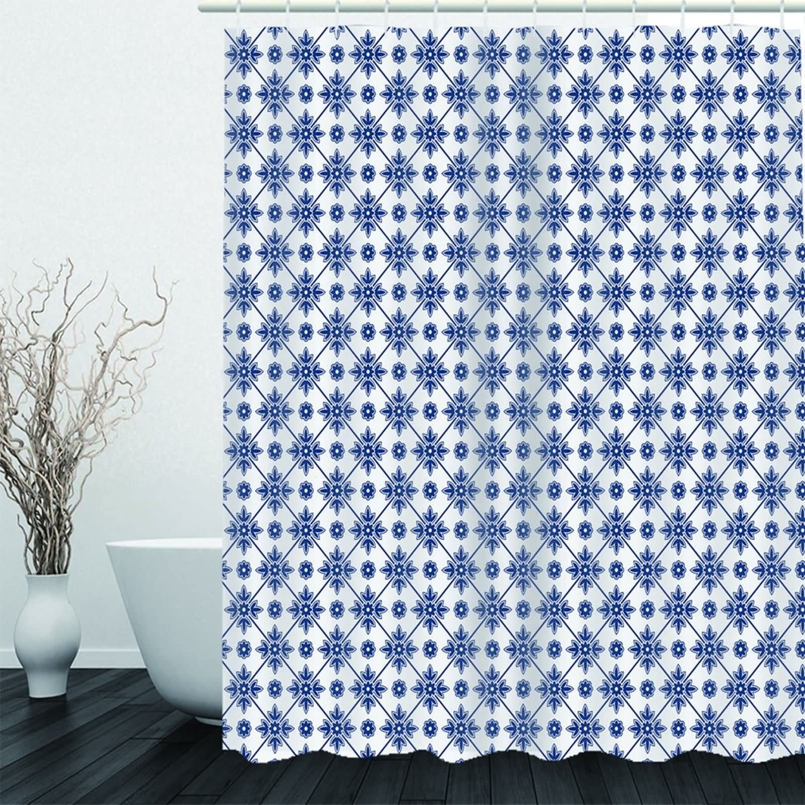 Duschrollo für Badewanne, Neasow Duschvorhang Gitter Blumenmuster Blau Weiss 180X200cm für Badezimmer