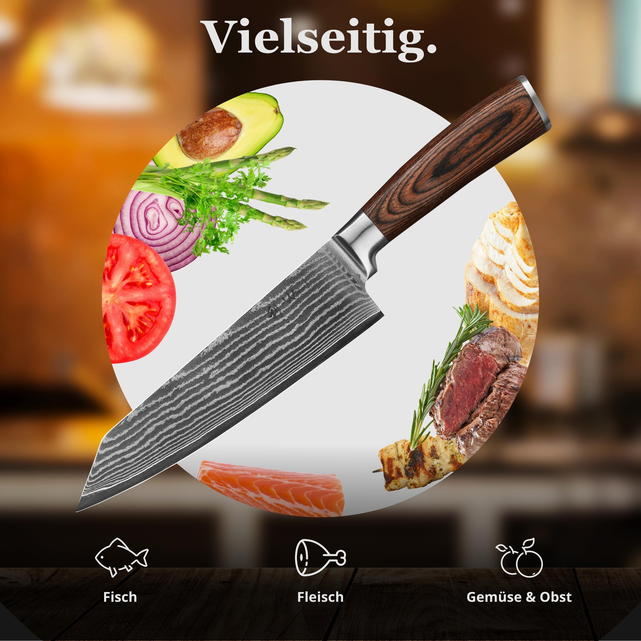 Wakoli EDIB Kiritsuke Messer mit 20 cm Klinge aus Damaststahl mit VG10 Kern | 67 Lagen, 60 ± 2 HRC, 33 cm Gesamtlänge, Pakkaholzgriff und Geschenkbox; beidseitiger V-Schliff für Fleisch, Fisch und Gemüse