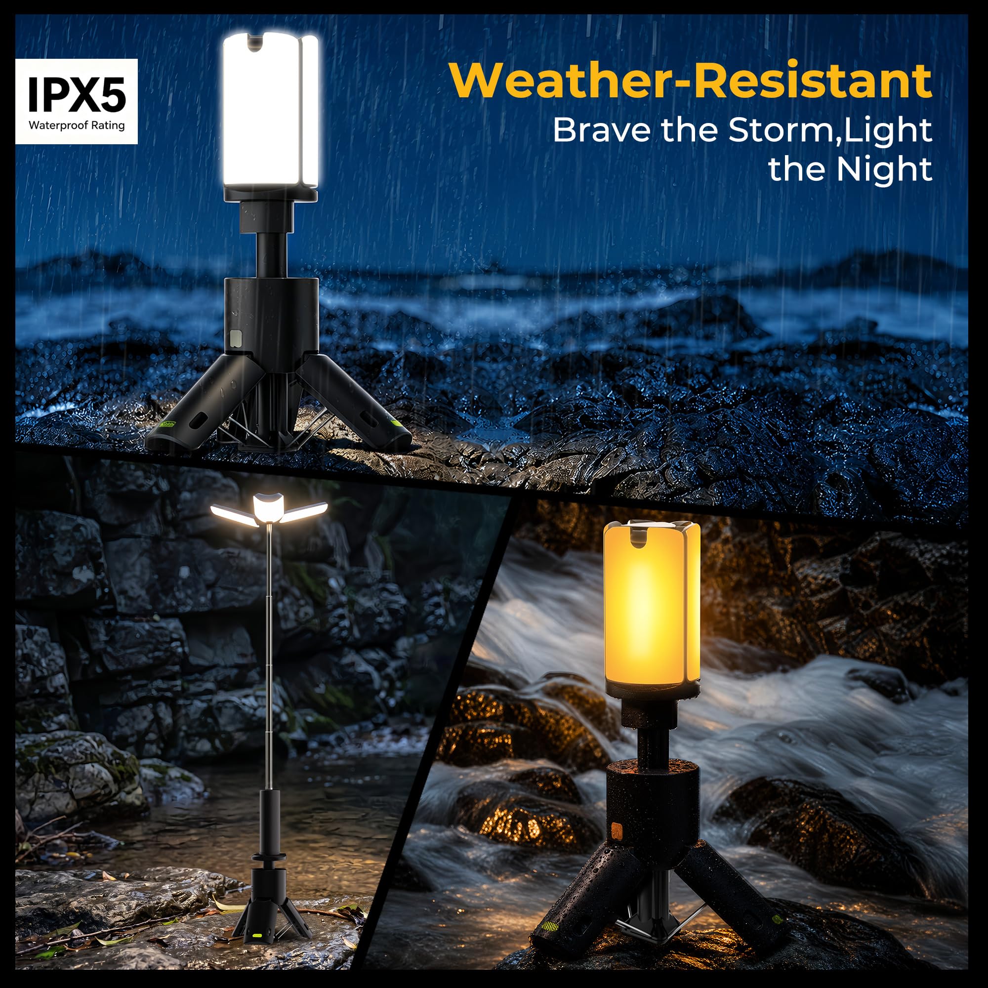 Luci da campeggio ricaricabili, luce da campeggio pieghevole, lanterna da campeggio a LED a 360° con asta telescopica, per tenda, escursionismo, emergenza, interruzione di corrente, uso esterno e