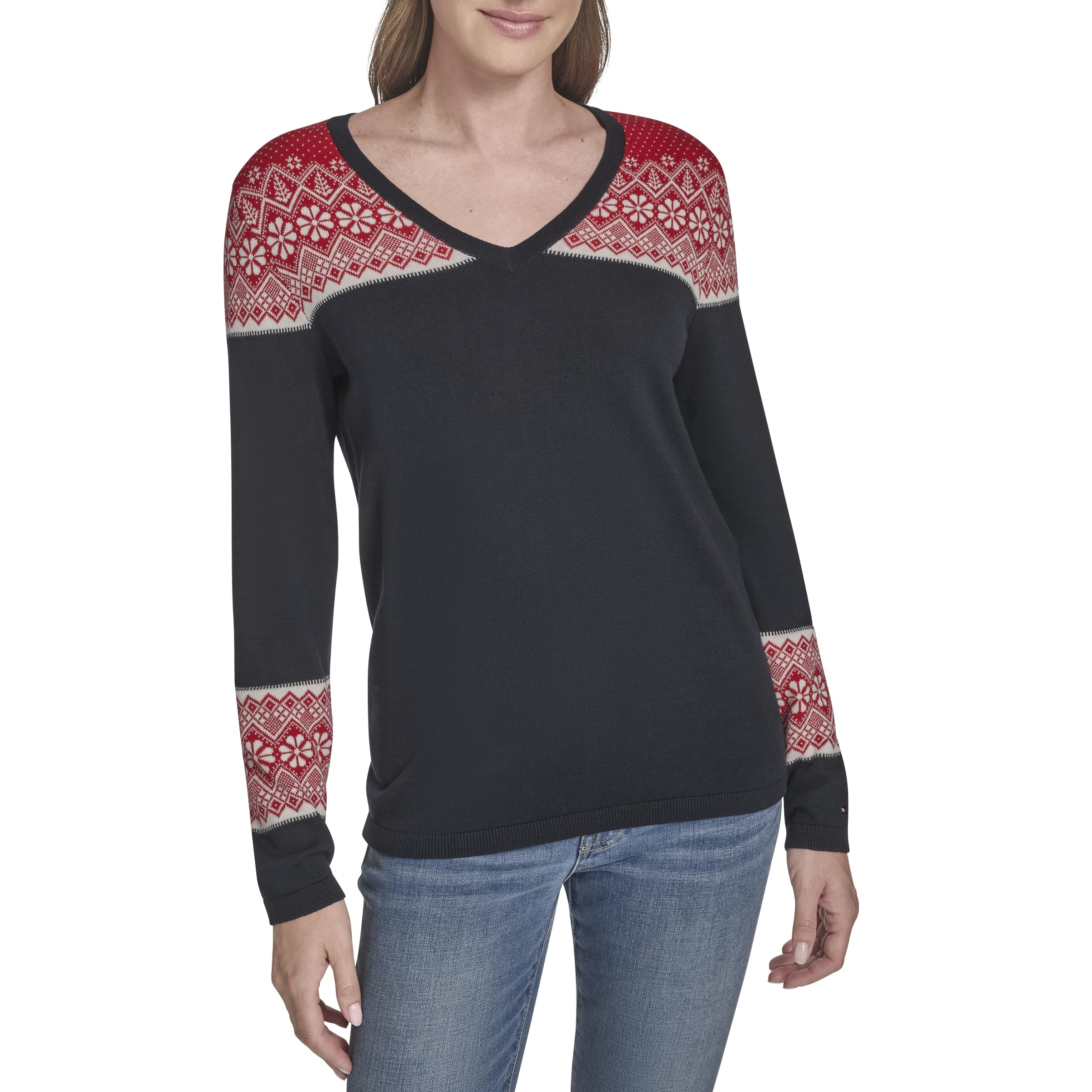 Tommy Hilfiger Women's Sky Captain Fairisle Long Sleeve V-Neck Fairisle Pullover Sweater, M