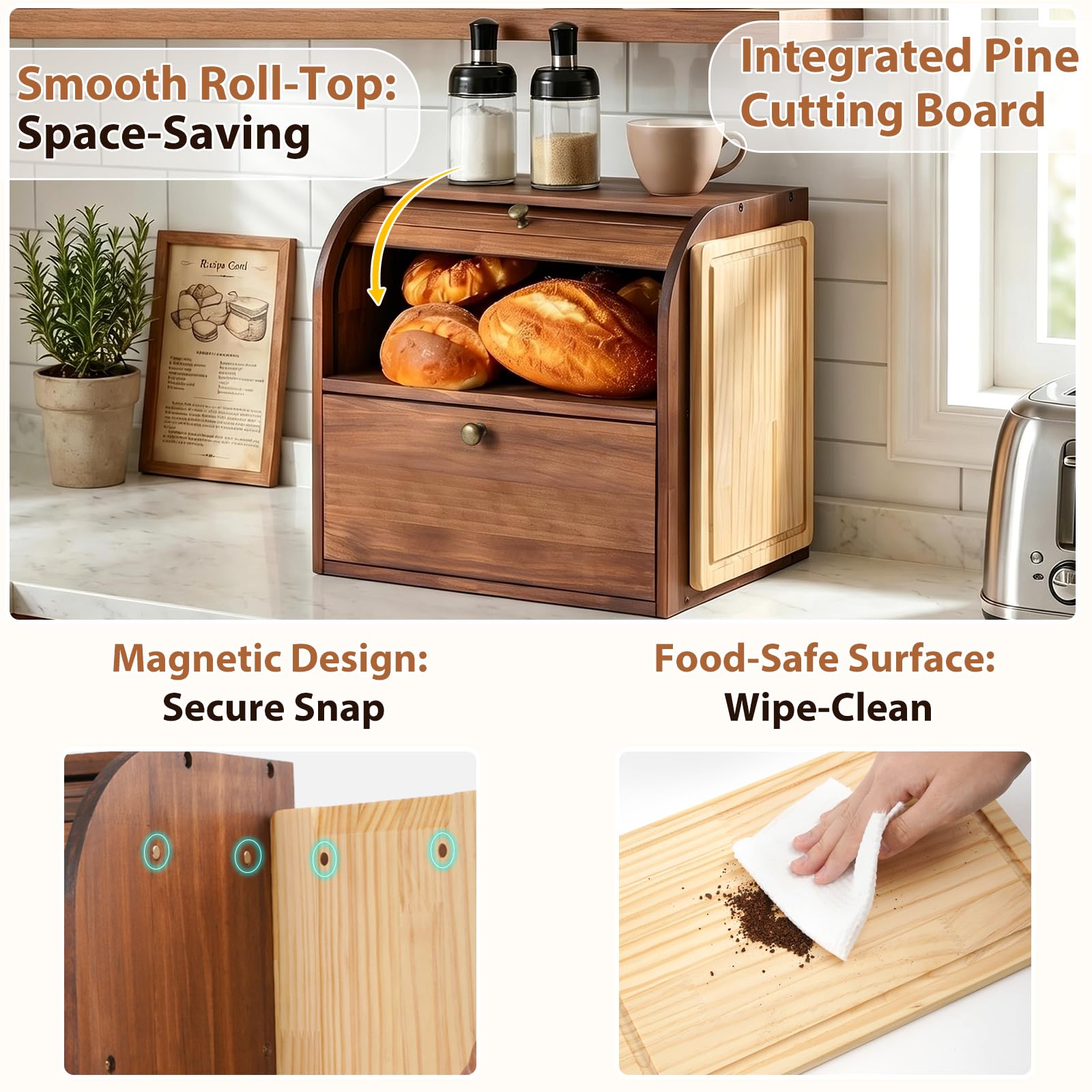 Wooden Bread Box - Keep Bread Fresh & Organized -3