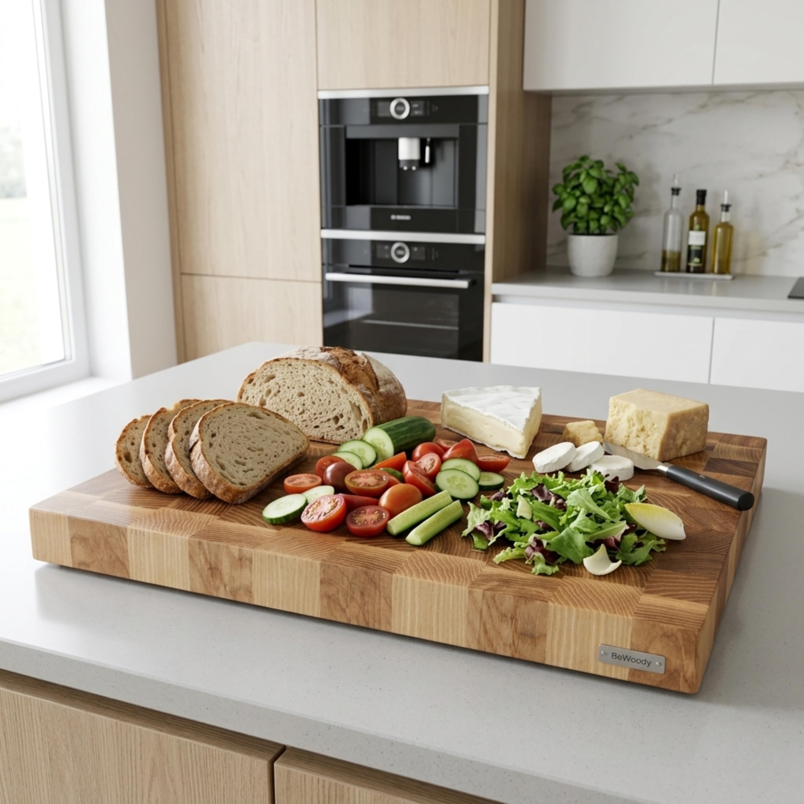 Premium Stirnholz Schneidebrett Esche & Eiche | 50 x 40 x 4,5 cm | Großes XXL Design Holzschneidebrett mit Griffmulden & Silikonfüßen | Luxus Hackblock