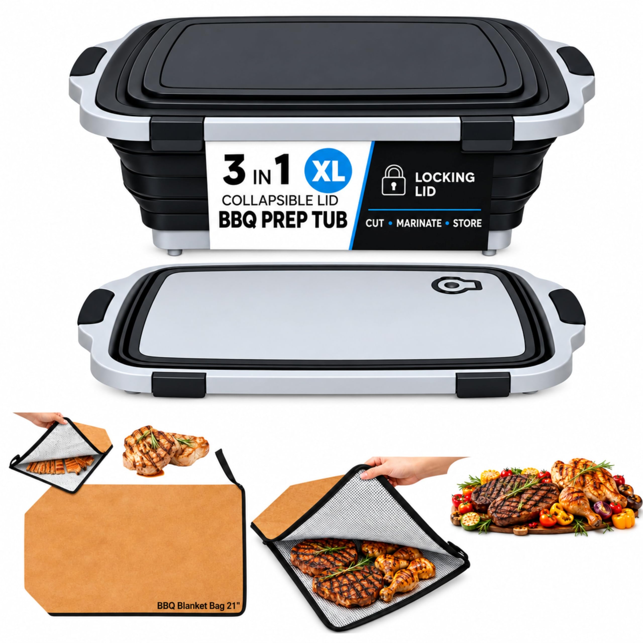 NCA - BBQ Set | BBQ Prep Tub 4gallon, BBQ Blanket, 21" Meat Resting Bag, Insulated Triple Layer | Foldable Cutting Board, Drain Plug