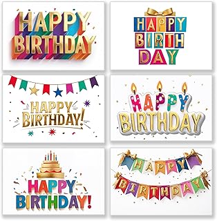 150 Happy Birthday Cards Bulk, Gold Foil Printing with Envelopes and Stickers - 6 Designs Greeting Notes with Messages Inside for Office, Employees,Business, Personal 4x6 Inch