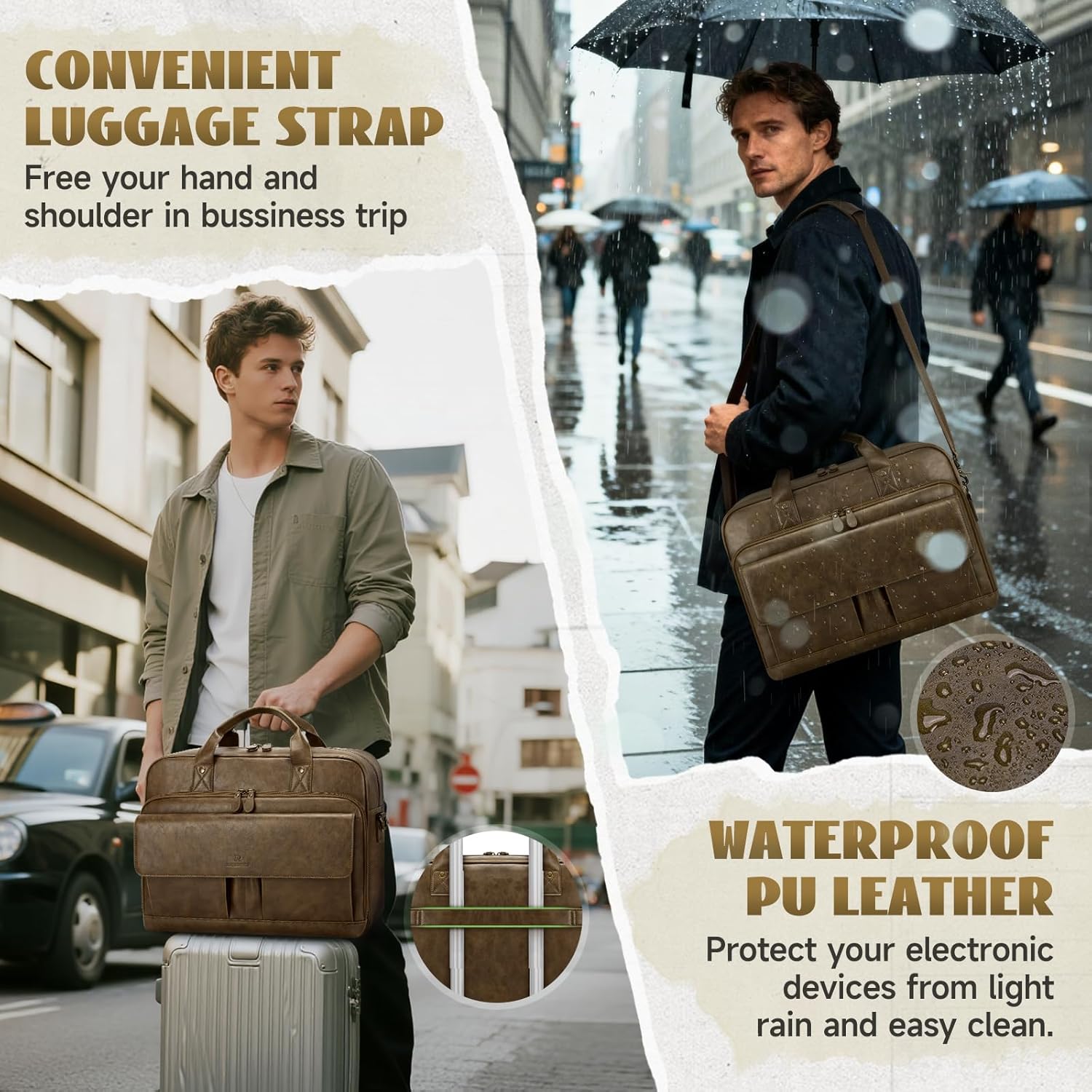 RAINSMORE Mens Laptop Bag PU Leather Messenger Bag 15.6 Inch Briefcase Vintage Computer Satchel Bag for Work Business - Image 5