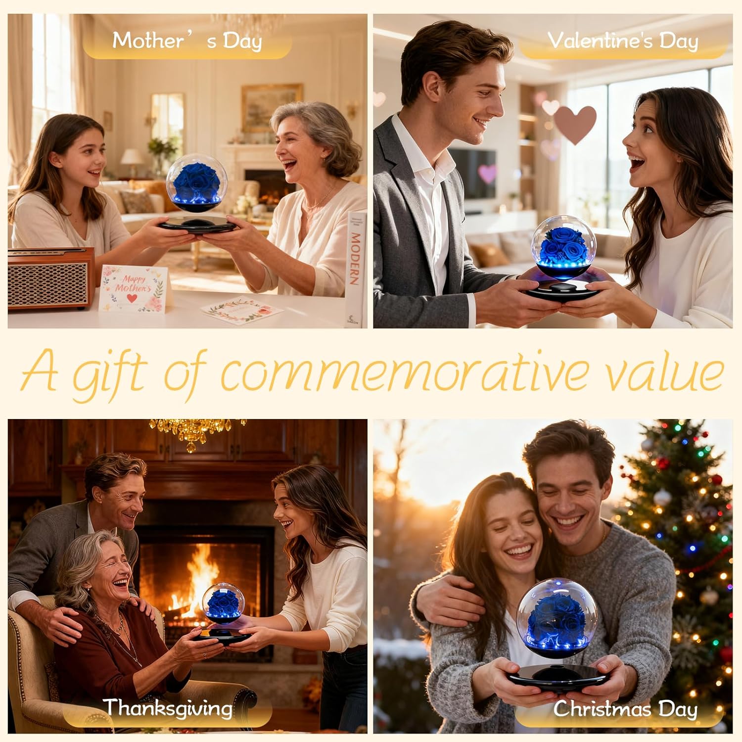 Magnetic Levitating Preserved Flowers Blue Rose with LED Lights 360° Rotating Floating Flower Lamp for Home Desk Decor, Unique Romantic Gift for Valentine's, Anniversaries, and Weddings
