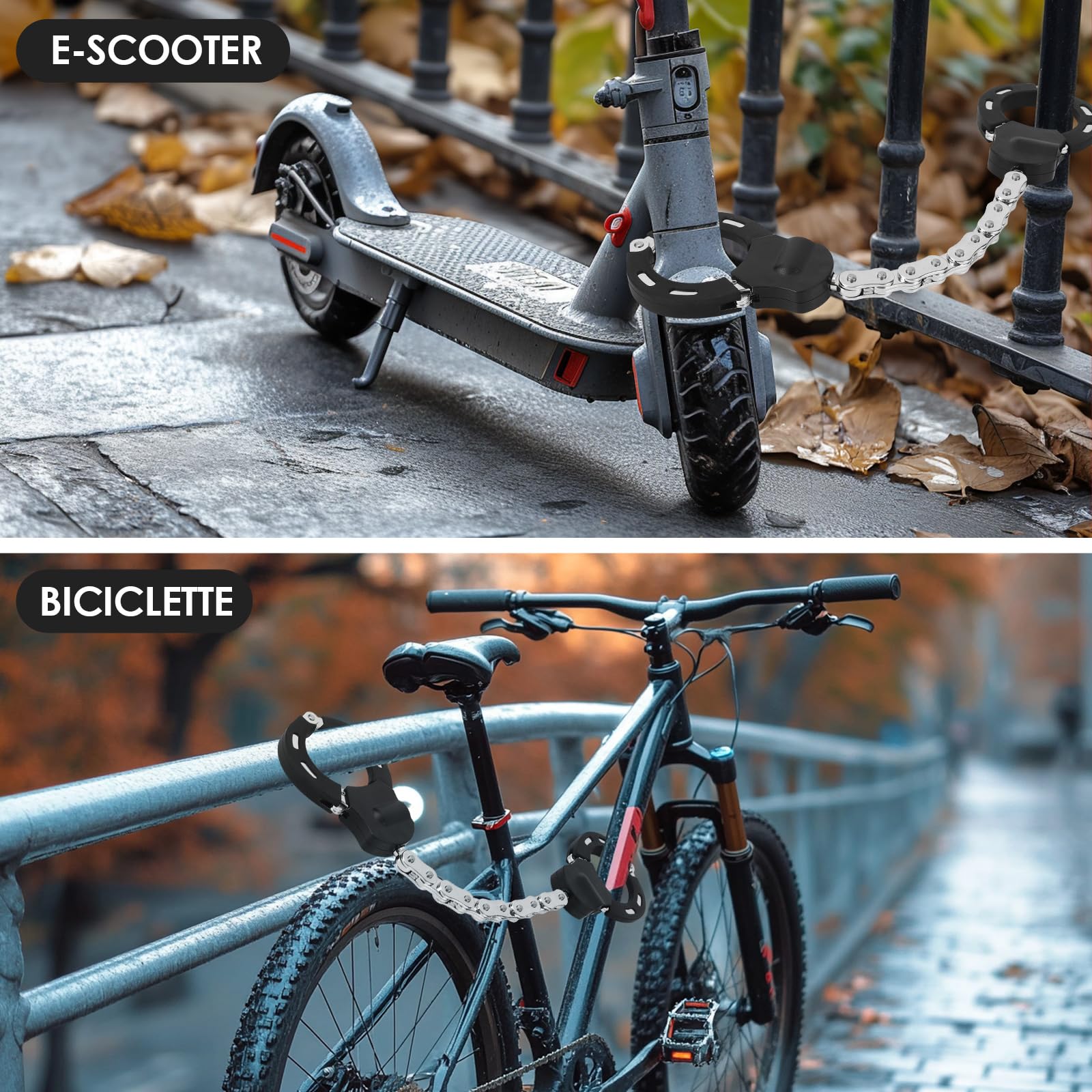 Catena Bicicletta Antifurto, Lucchetto Monopattino Elettrico, Accessori Monopattino Elettrico con Chiave E Borsa Impermeabile 3L, Lucchetto Manette per Scooter Elettrico, Moto, Carrozzine