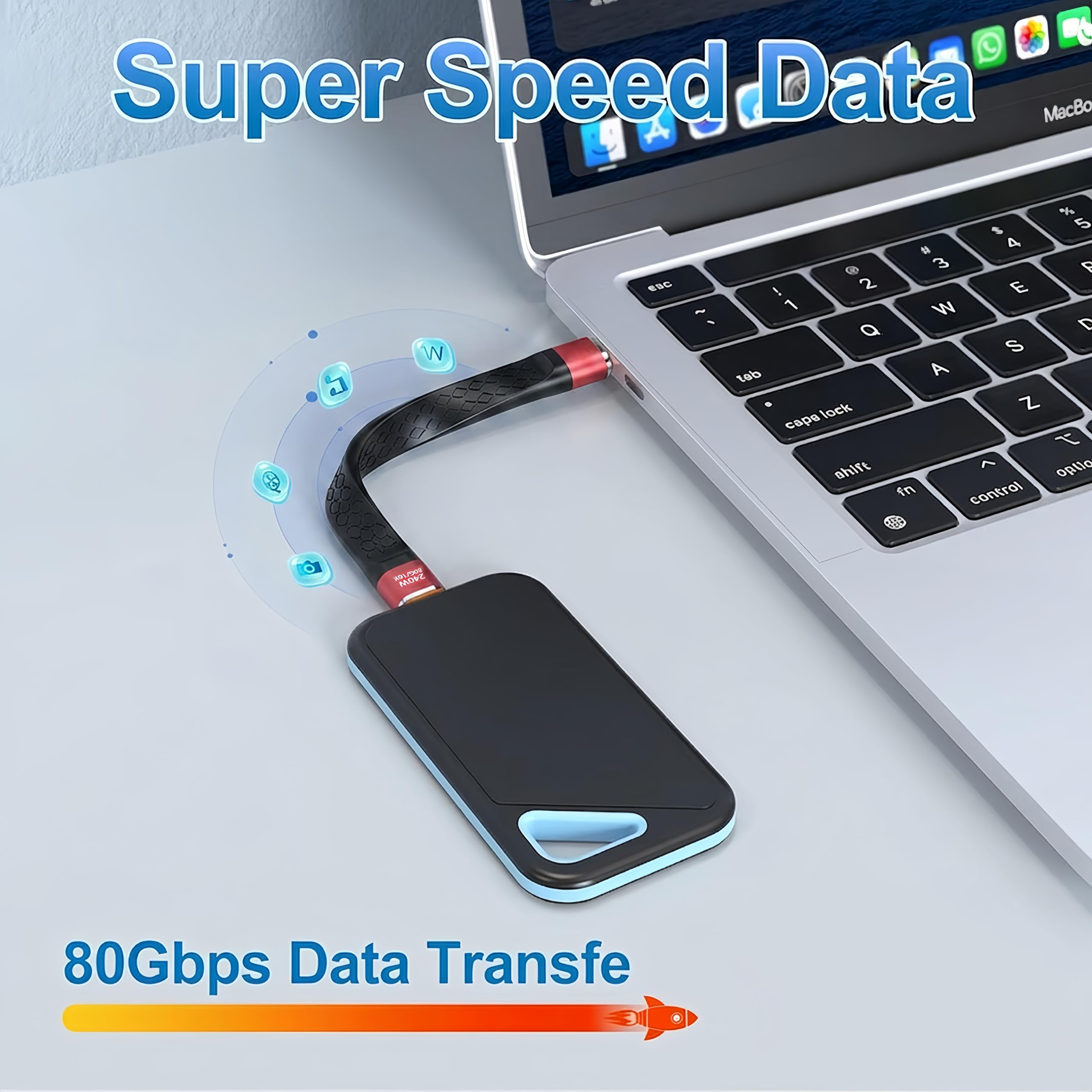Cavo corto da USB-C a USB-C, 5 pollici, 80 Gbps, video 8K a 60 Hz, 240 W PD, sincronizzazione dati, compatibile con Thunderbolt 5/4/3, MacBook, SSD esterno