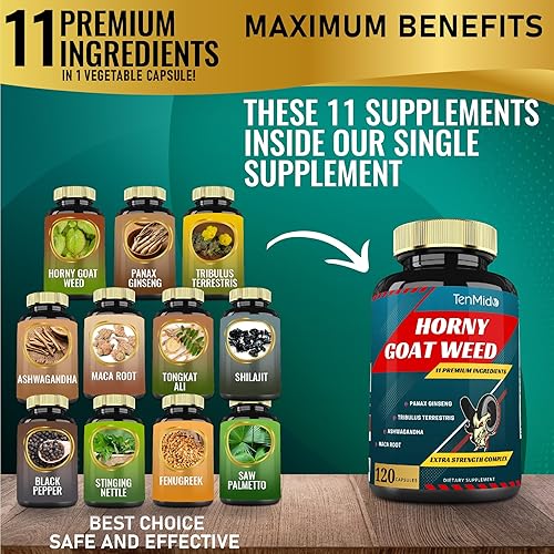 Miniatura 2 de Cápsulas de extracto de maleza de cabra cachonda de 10000 mg y ginseng, tribulus, ashwagandha, maca, tongkat y más, 120 cápsulas